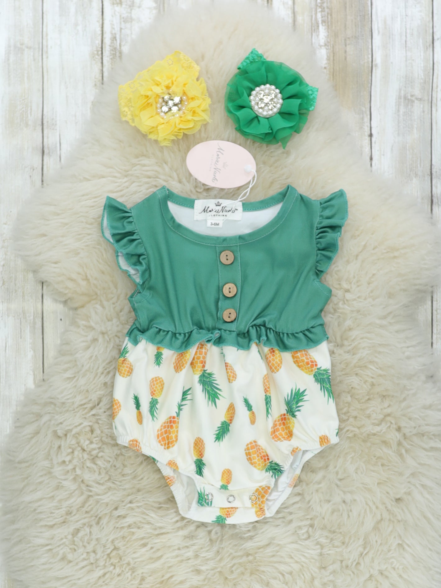 Green Pineapple Ruffle Bubble Romper - Marie Nicole Clothing