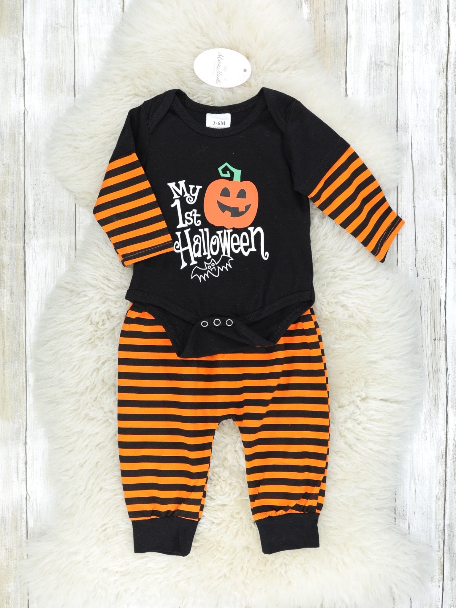 "My First Halloween" Onesie & Orange Striped Joggers Outfit - Marie Nicole Clothing
