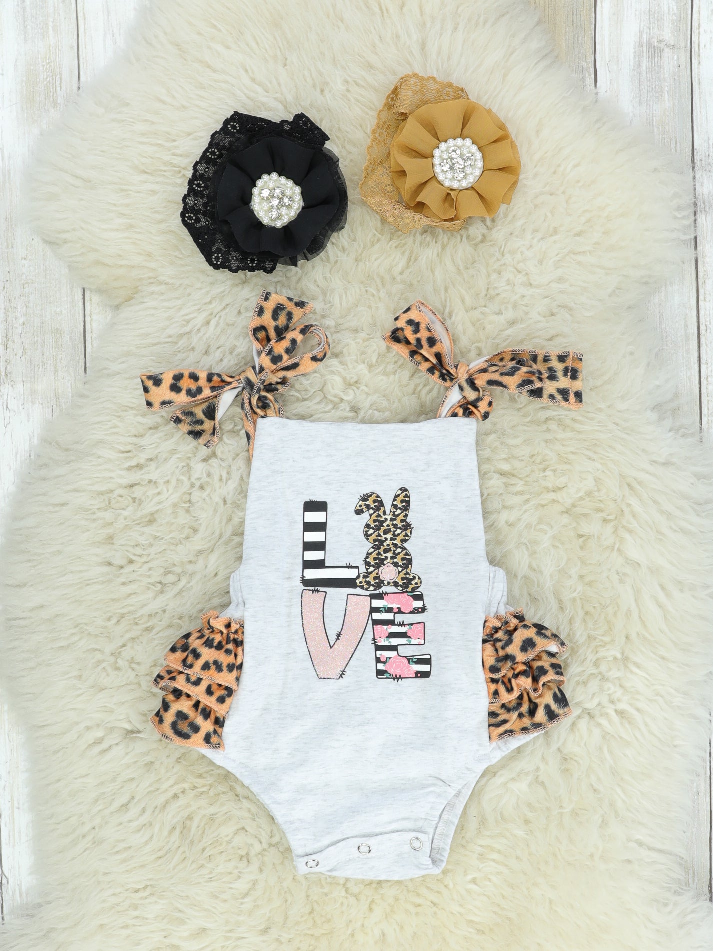Cheetah Love Bunny Ruffle Bubble Romper - Marie Nicole Clothing