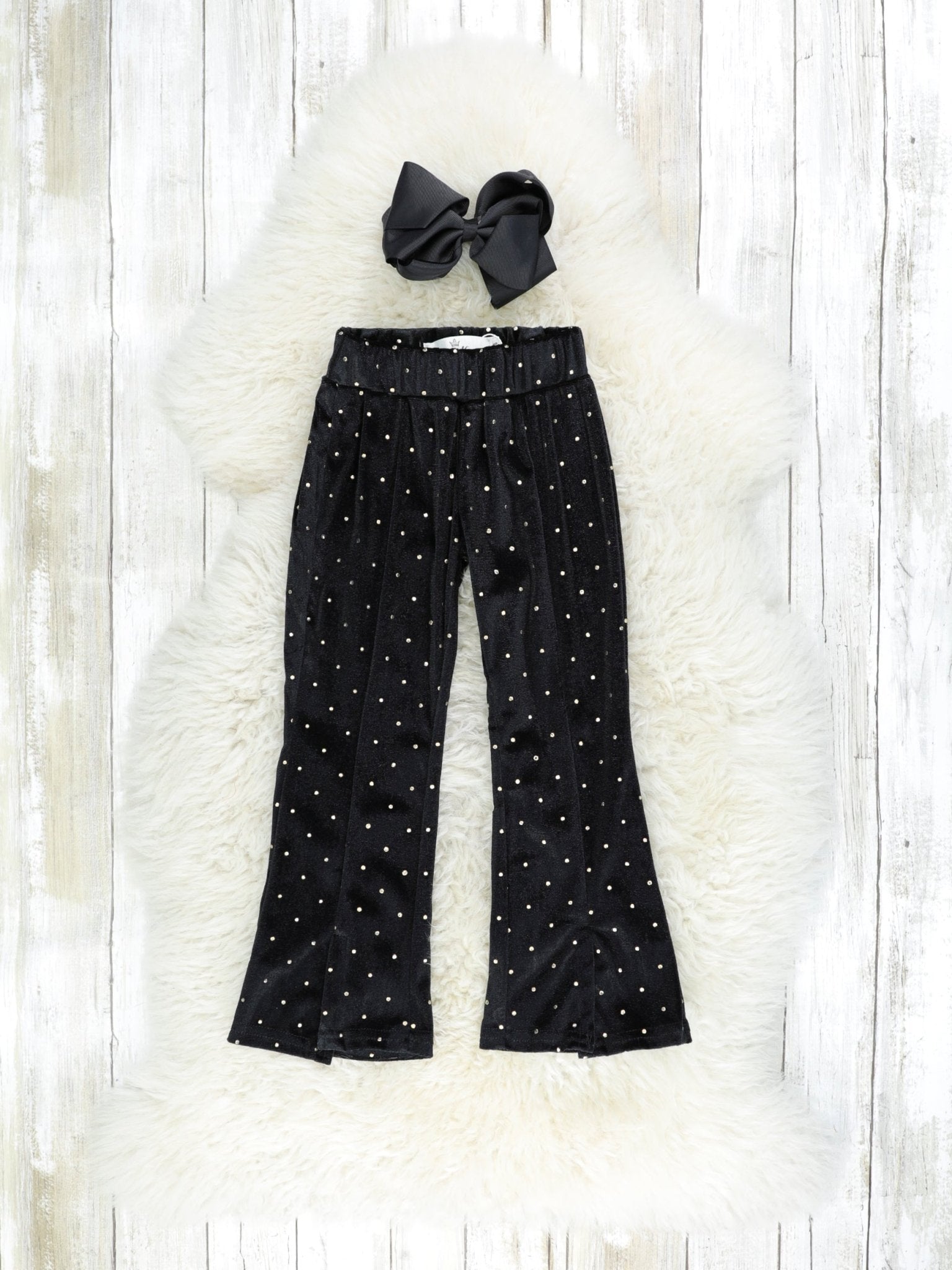 Black Polka Dotted Split Hem Velvet Bell Bottoms - Marie Nicole Clothing