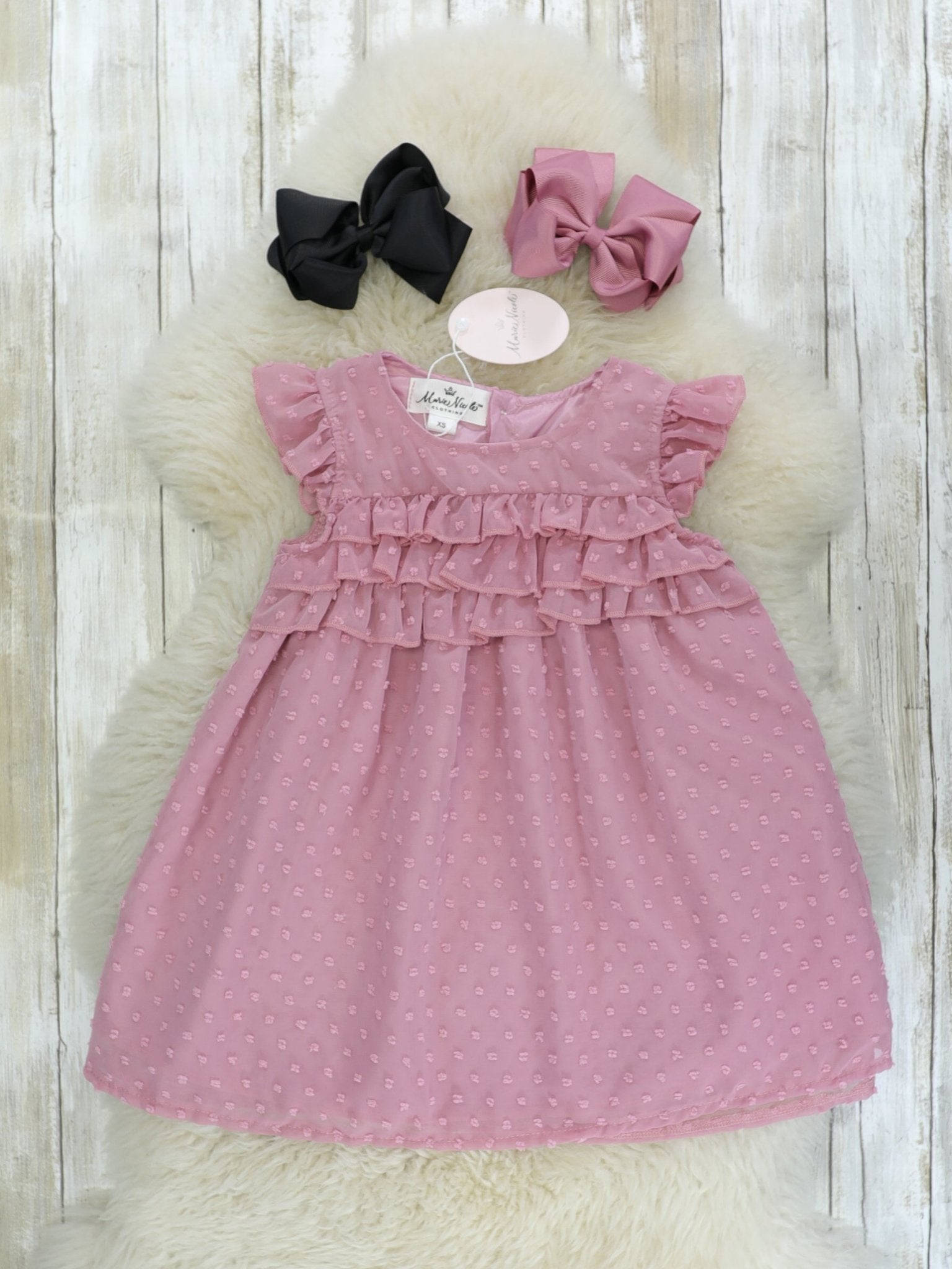Mauve Swiss Dot Ruffle Dress - Marie Nicole Clothing
