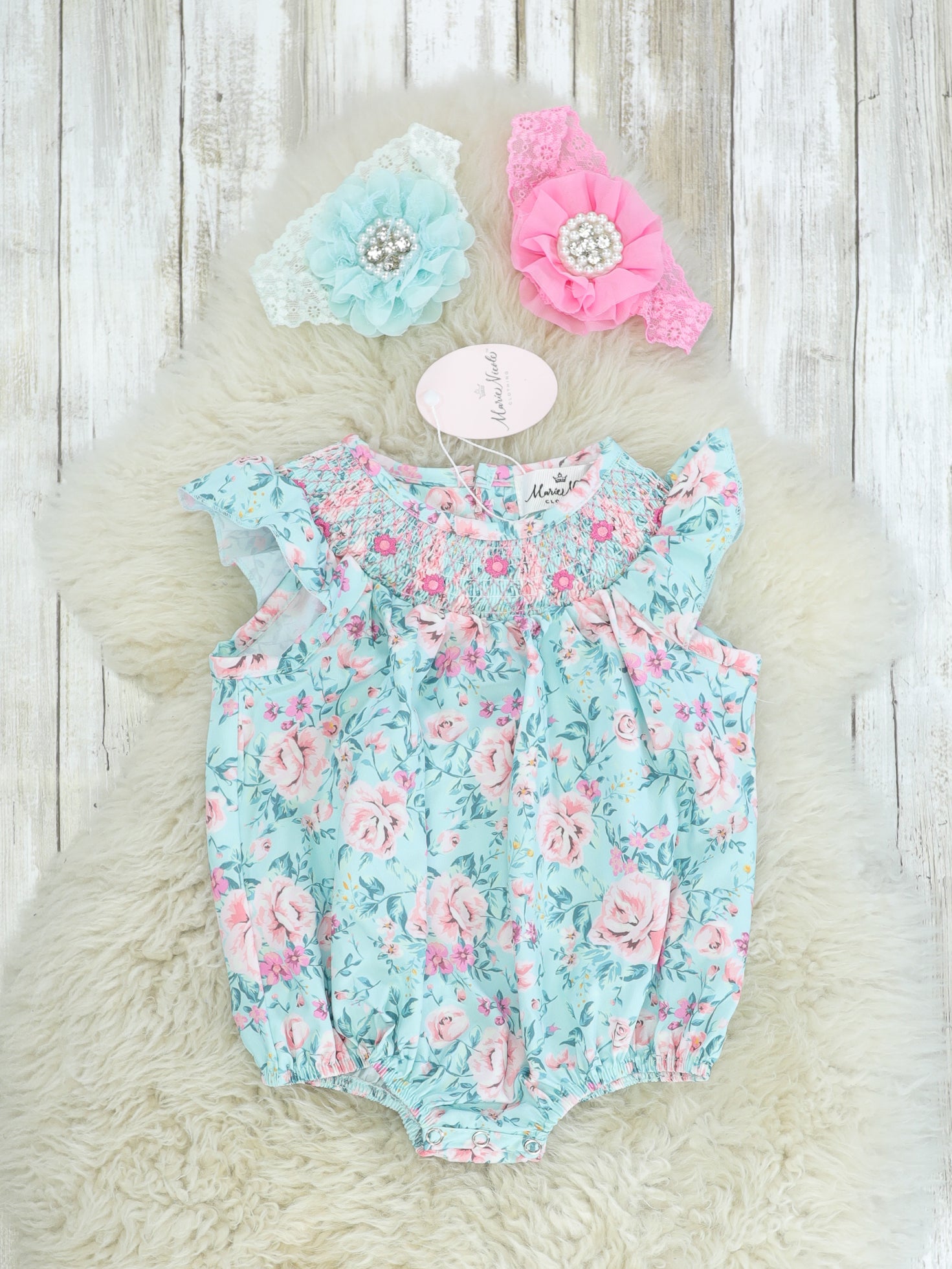 Blue Floral Smocked Bubble Romper - Marie Nicole Clothing
