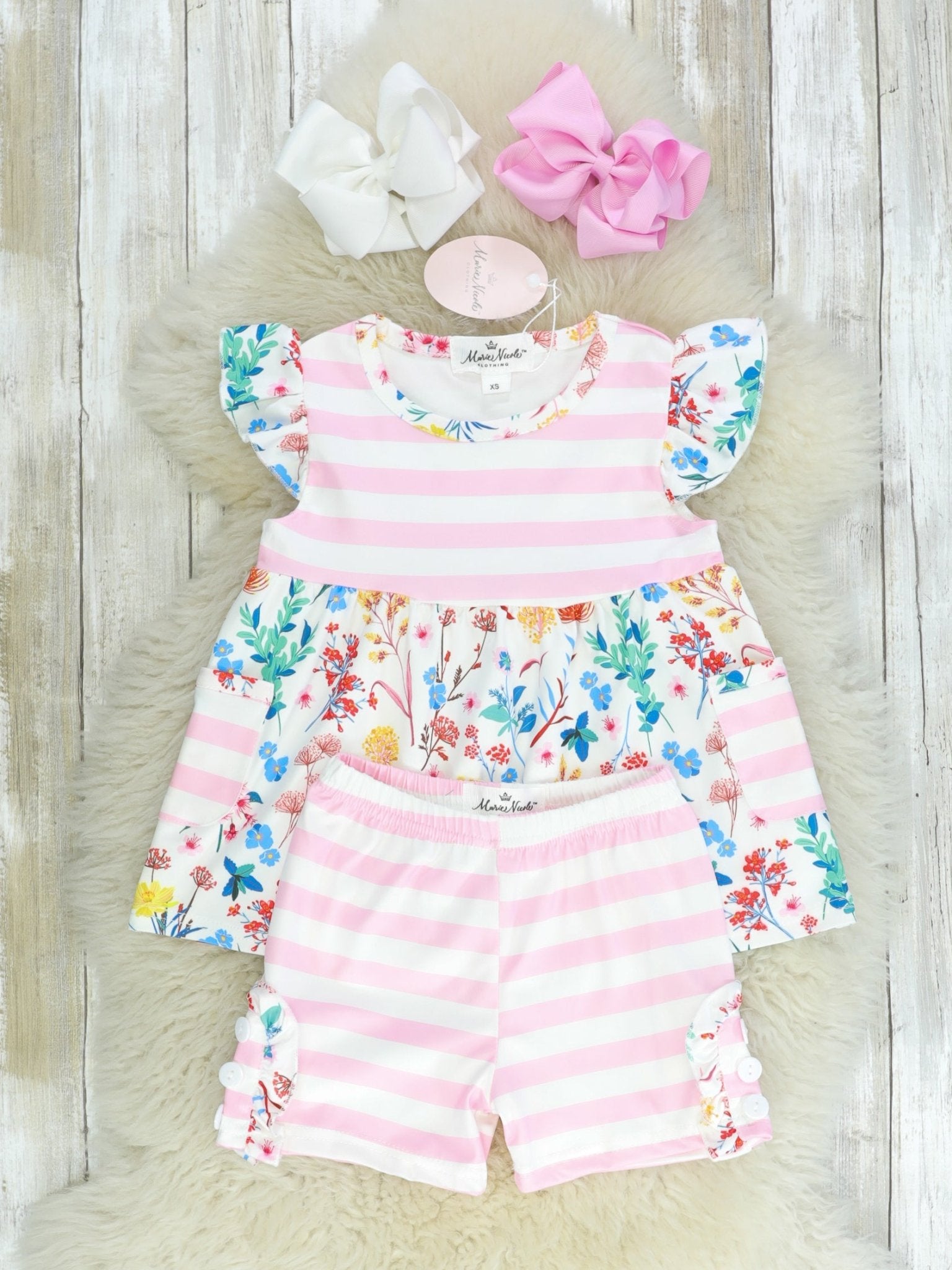 Light Pink Striped Floral Ruffle Shorts Outfit - Marie Nicole Clothing