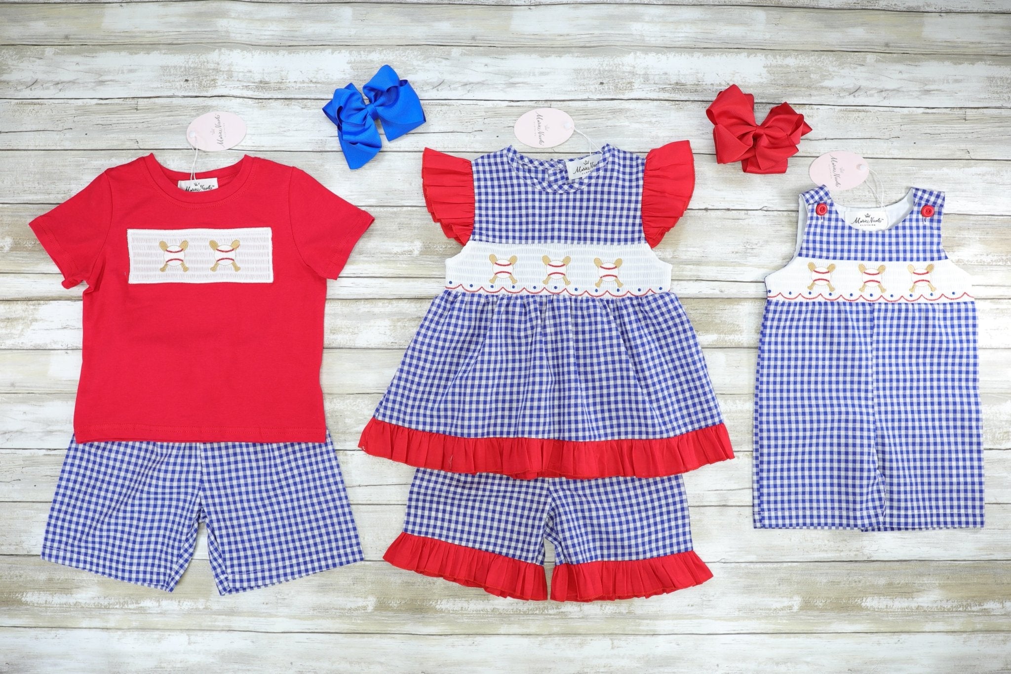 Baseball Blue Check Smocked Outfit - Marie Nicole Clothing