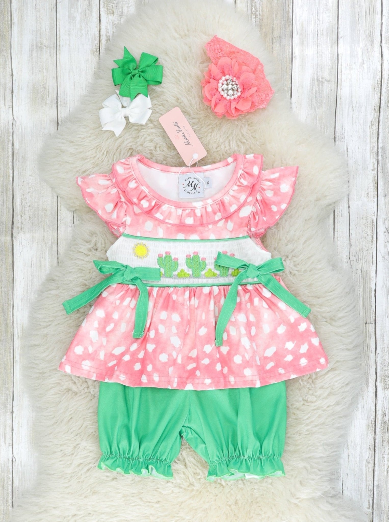 Pink Smocked Cactus Ruffle Outfit - Marie Nicole Clothing