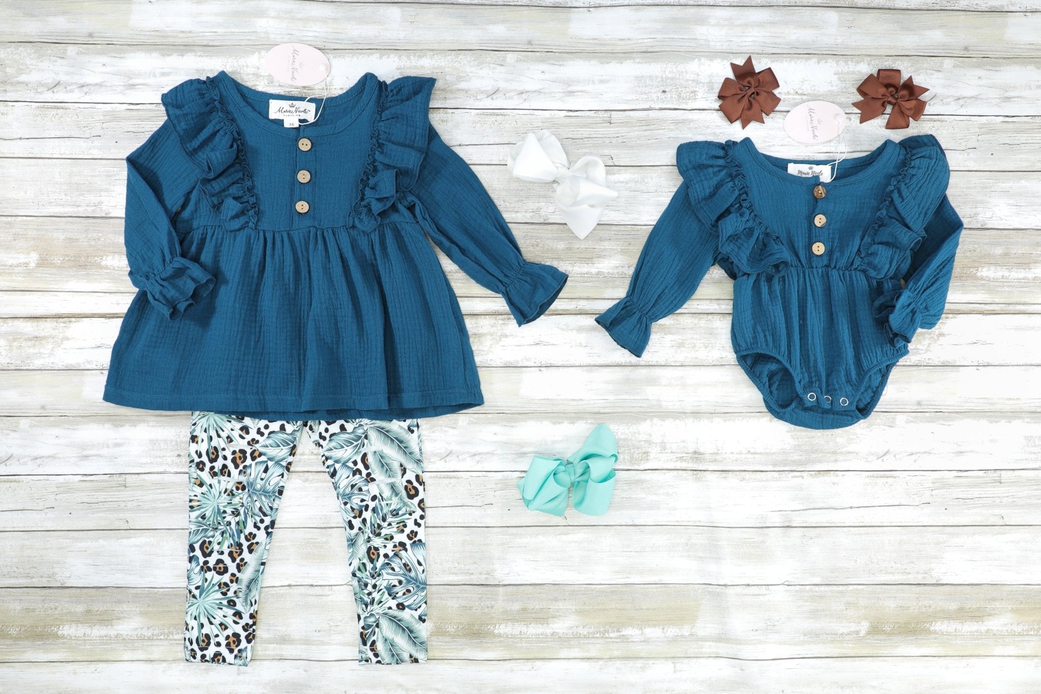 Dark Teal Ruffle Tunic & Leopard Print Bottoms Outfit - Marie Nicole Clothing