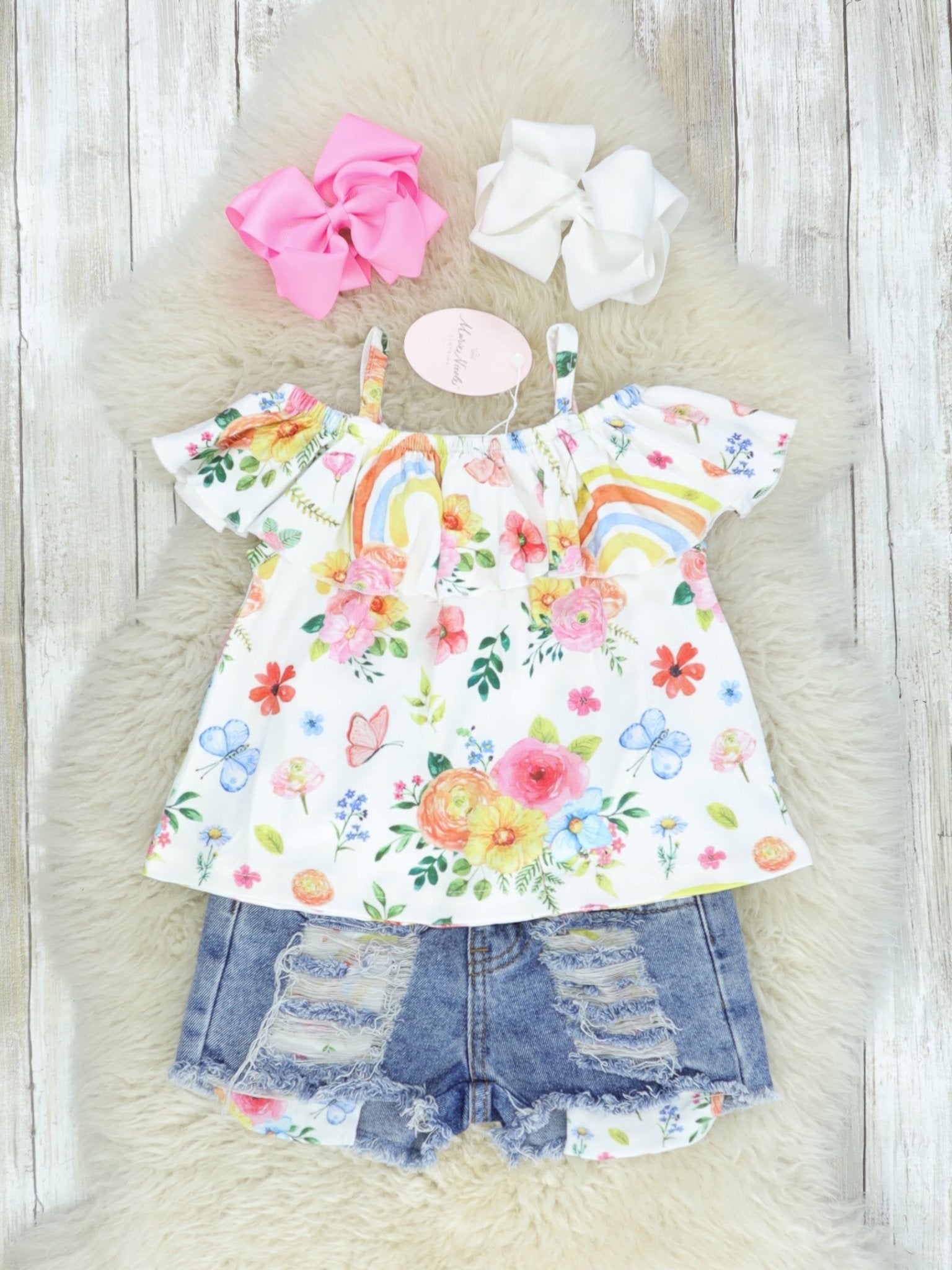 Floral Butterfly Top & Distressed Denim Outfit - Marie Nicole Clothing