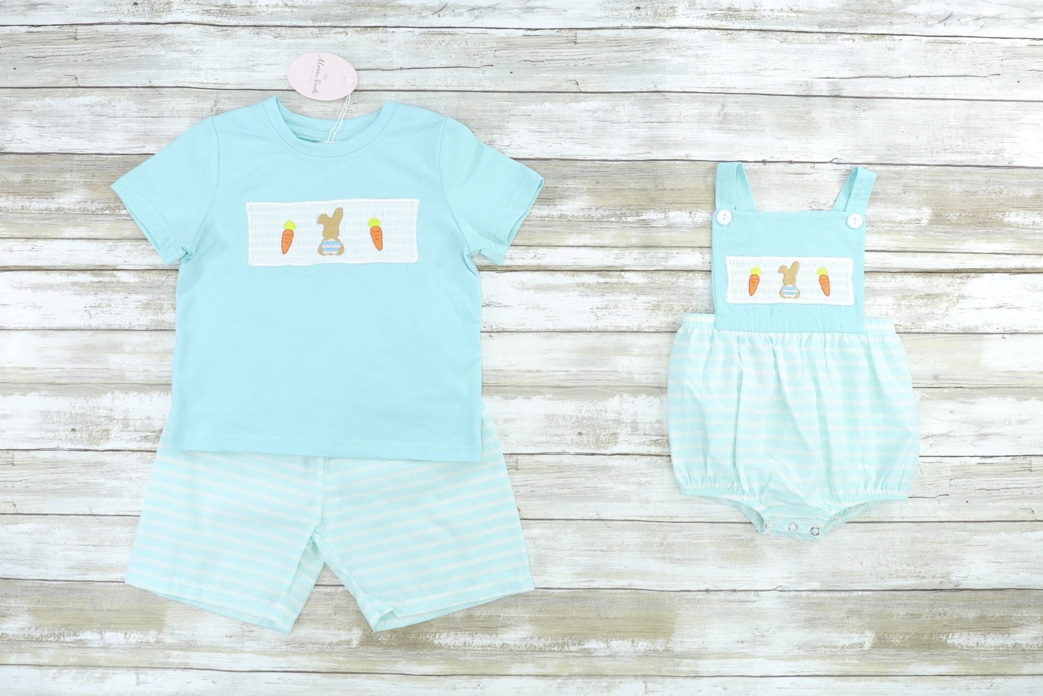 Smocked Carrot & Bunny Ruffle Bubble Romper - Marie Nicole Clothing