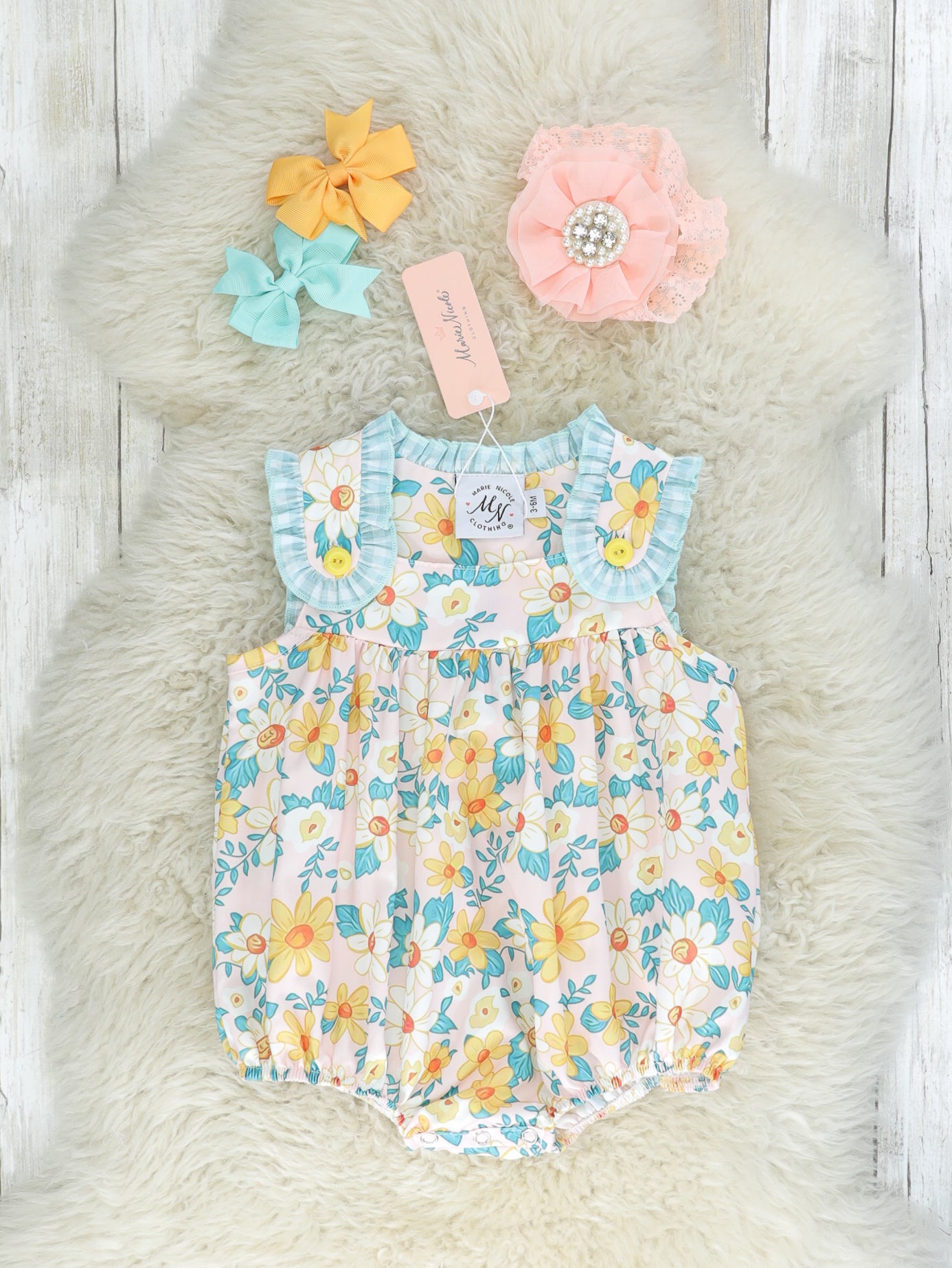 Sky Blue Gingham Daisy Bubble Romper - Marie Nicole Clothing