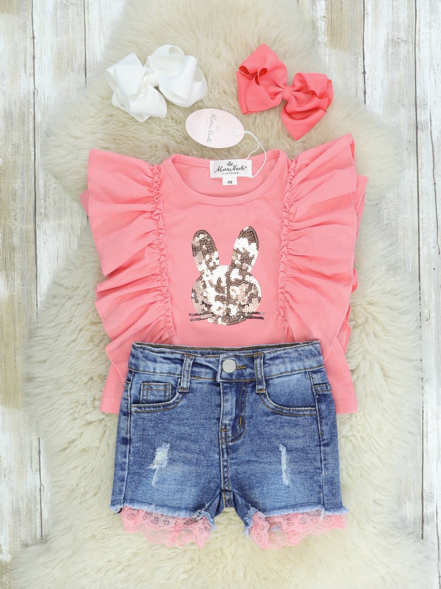 Sequin Bunny Coral Ruffle Top & Denim Shorts - Marie Nicole Clothing