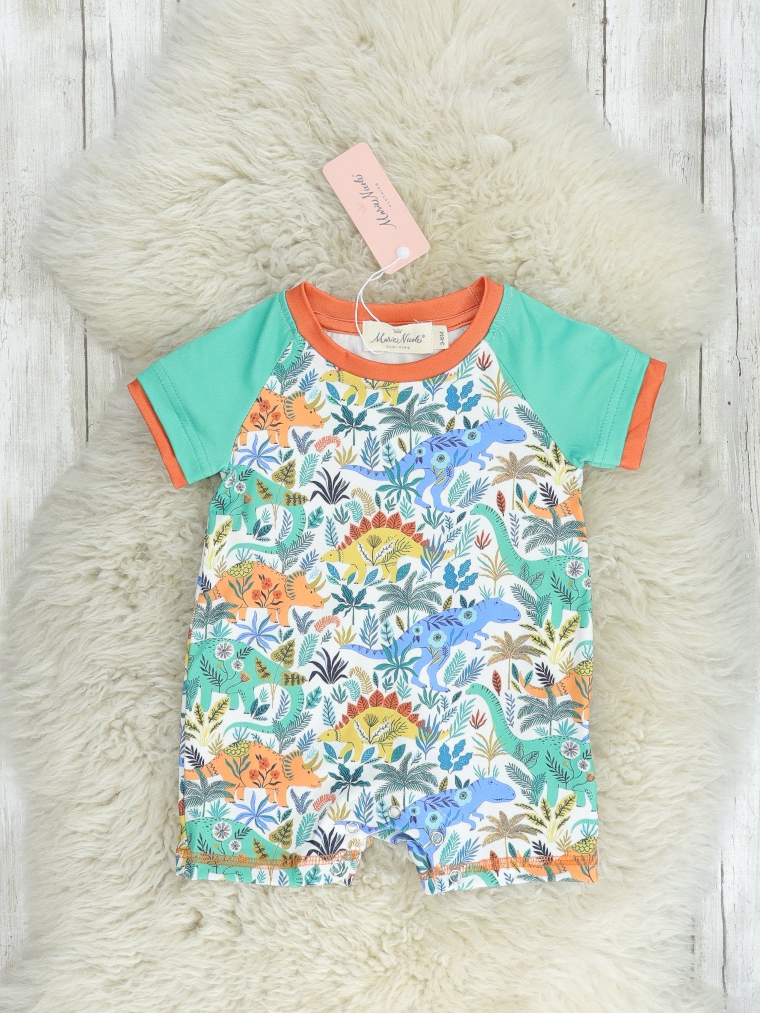 Jungle Green Dinosaur Romper - Marie Nicole Clothing