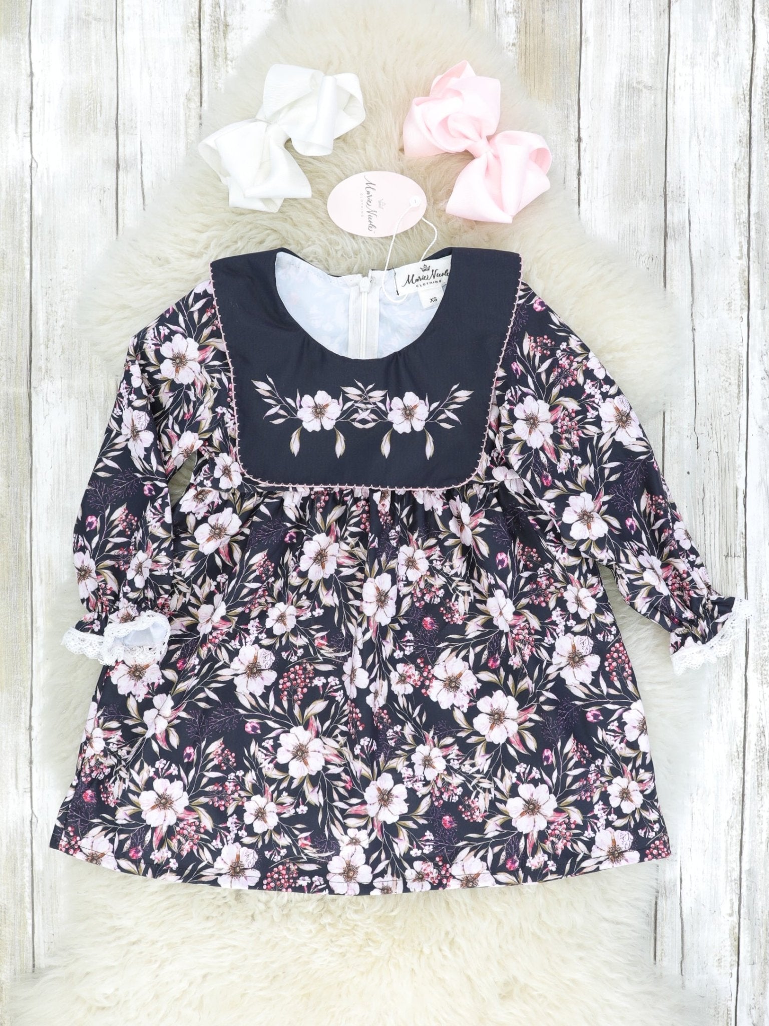 Black & Pink Floral Bib Collar Dress - Marie Nicole Clothing
