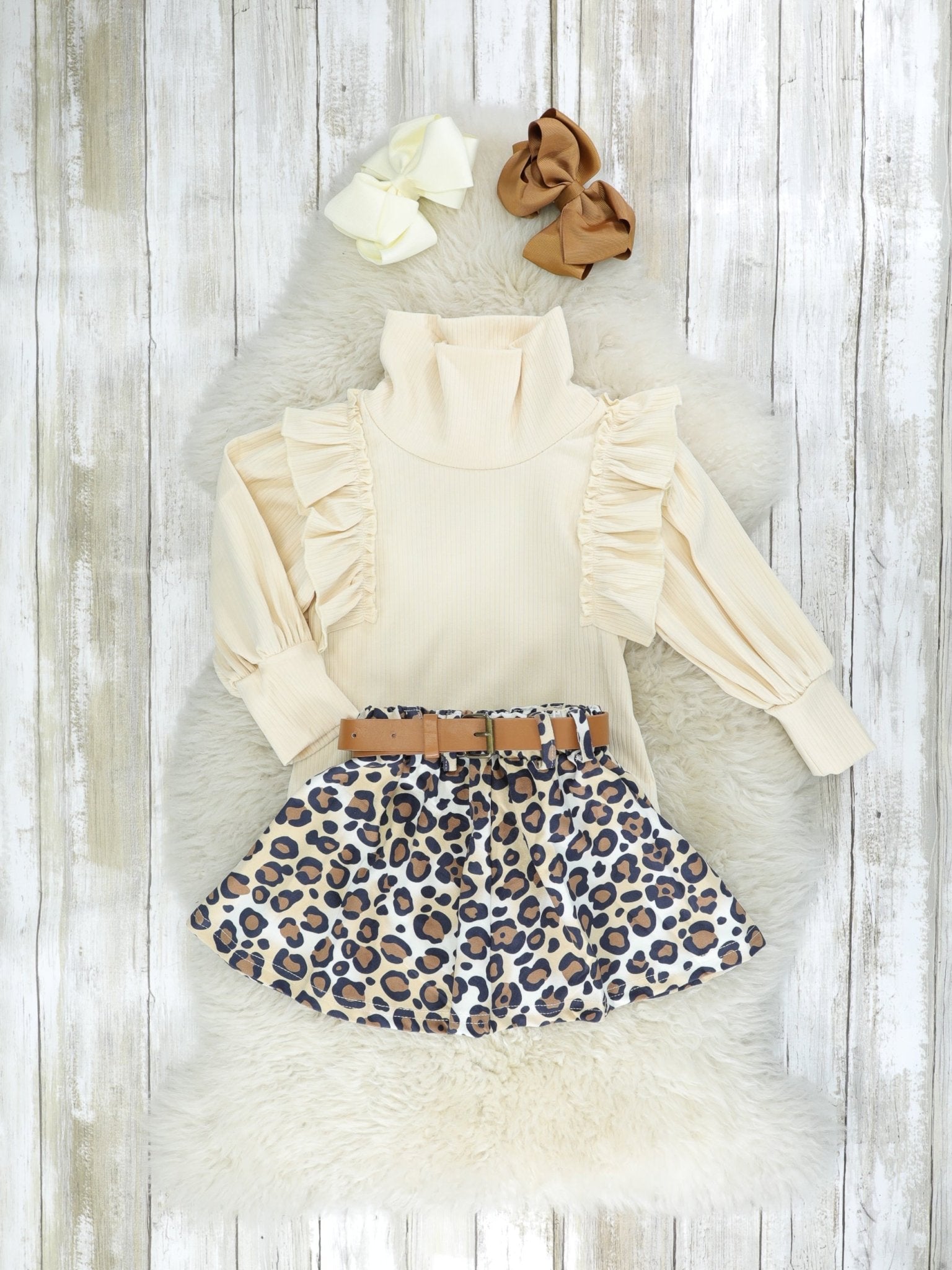 Cream Turtle Neck & Leopard Skirt Outfit - Marie Nicole Clothing