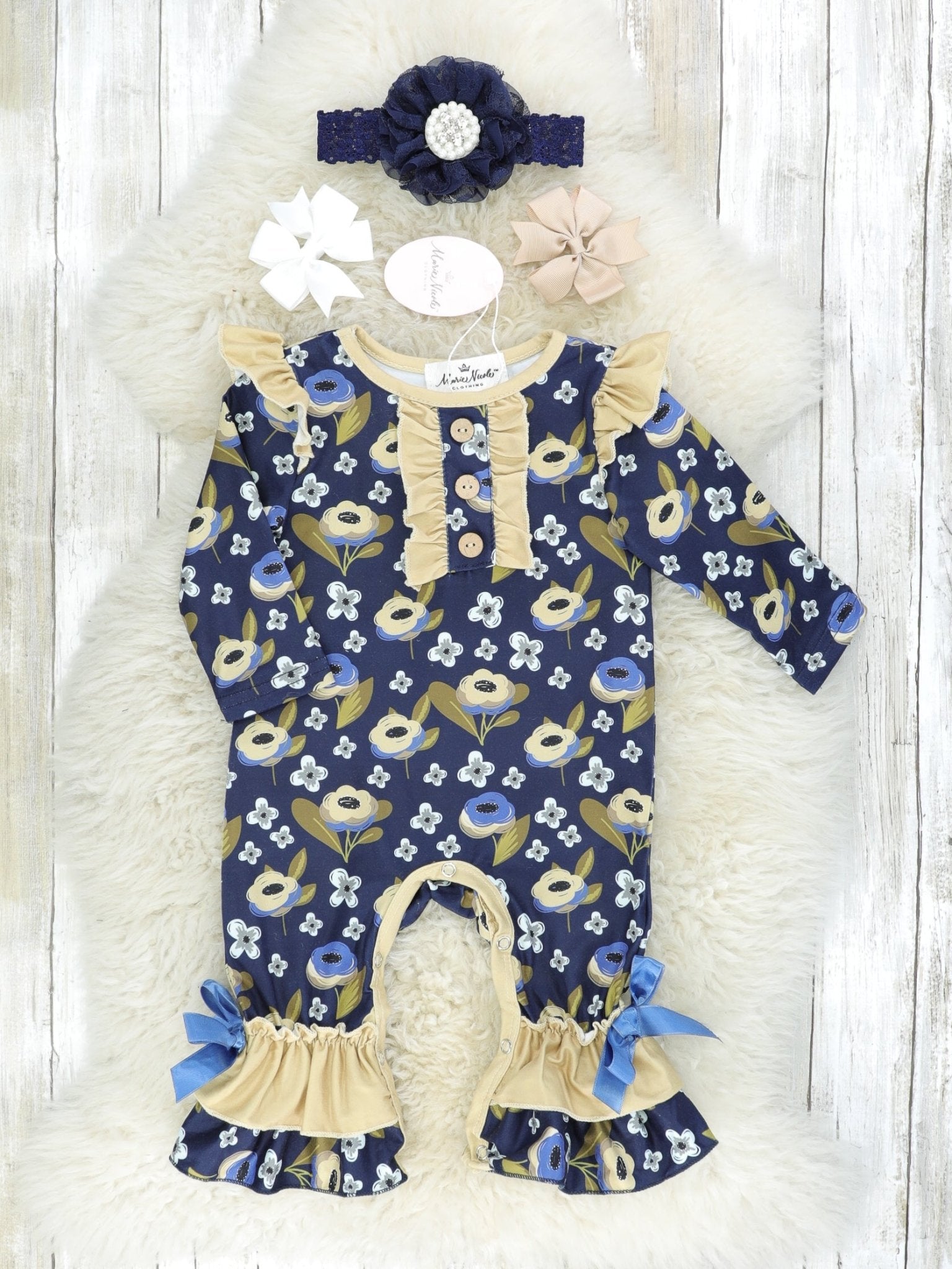 Tan & Blue Floral Ruffle Romper - Marie Nicole Clothing