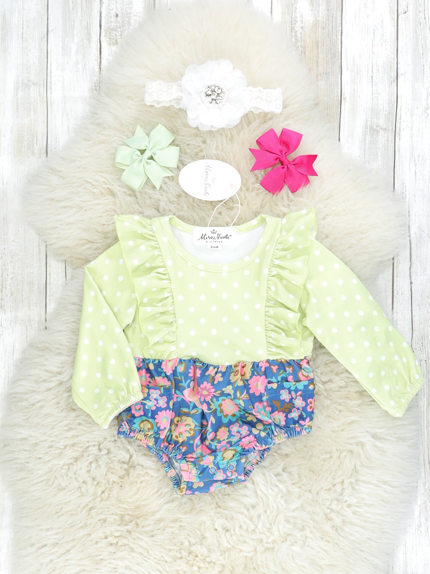 Green, Navy & Pink Floral Ruffle Romper - Marie Nicole Clothing