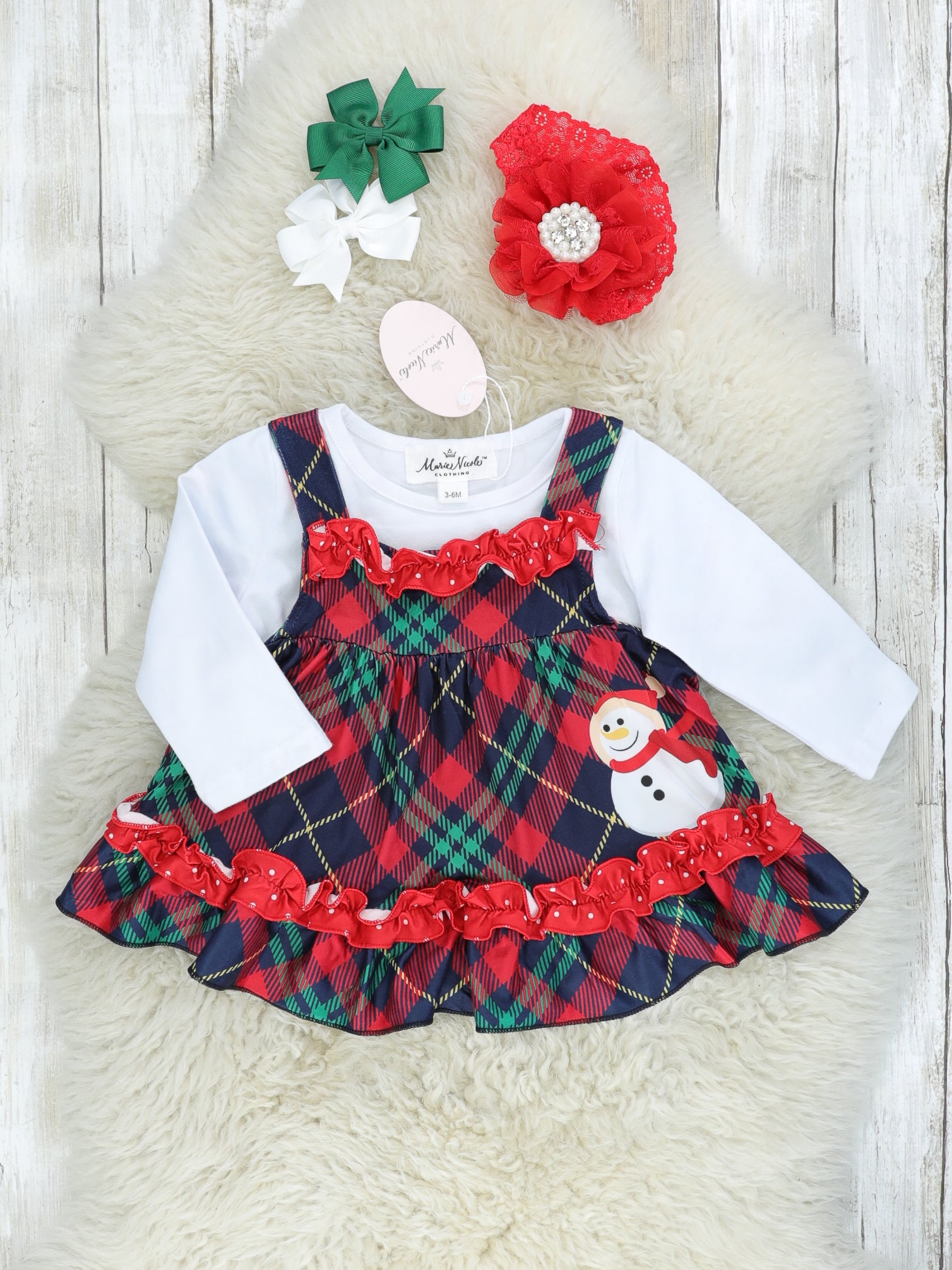 Plaid Snowman Ruffle Romper W/ White Top - Marie Nicole Clothing