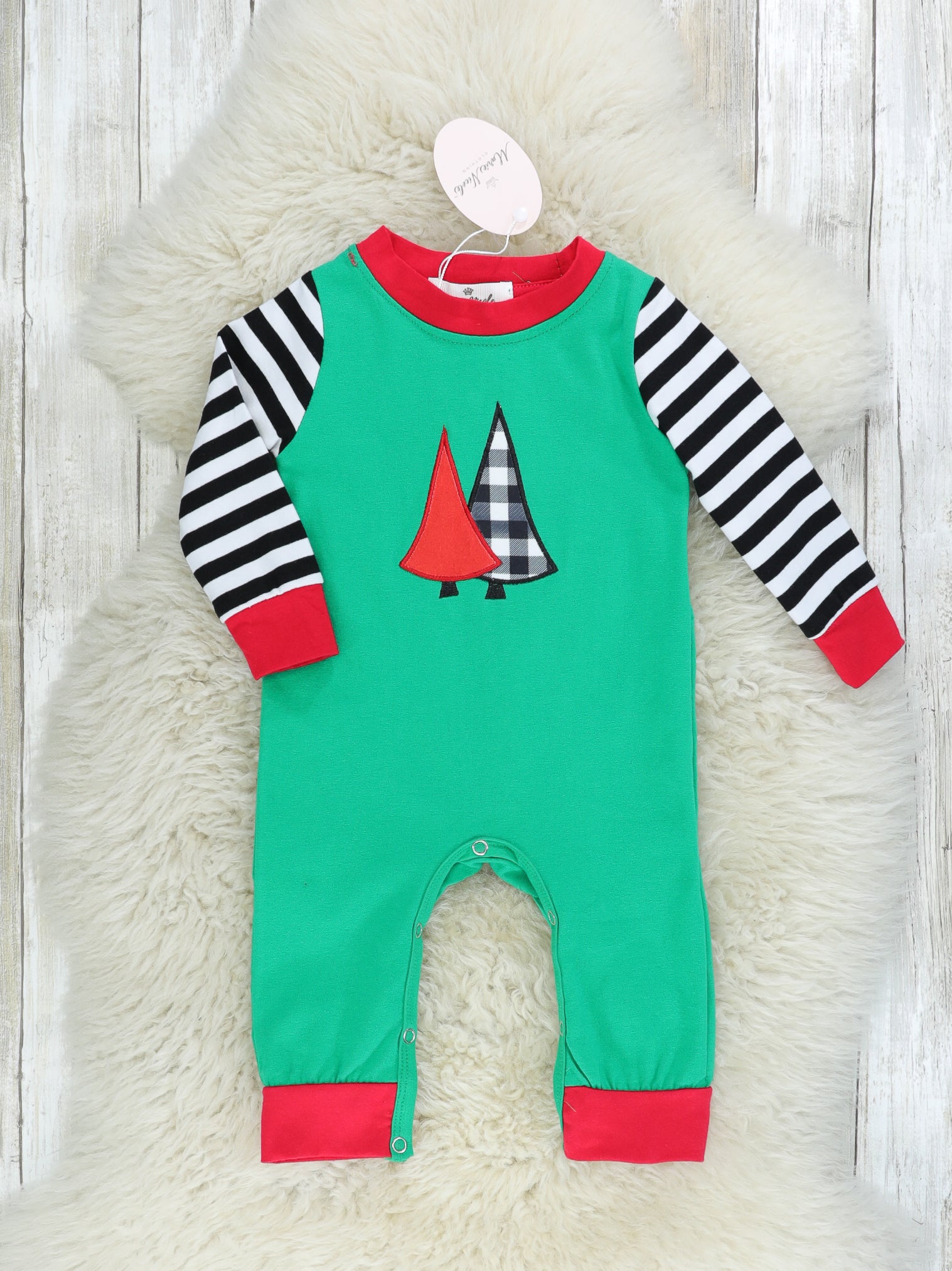 Green Striped Christmas Tree Raglan Romper - Marie Nicole Clothing