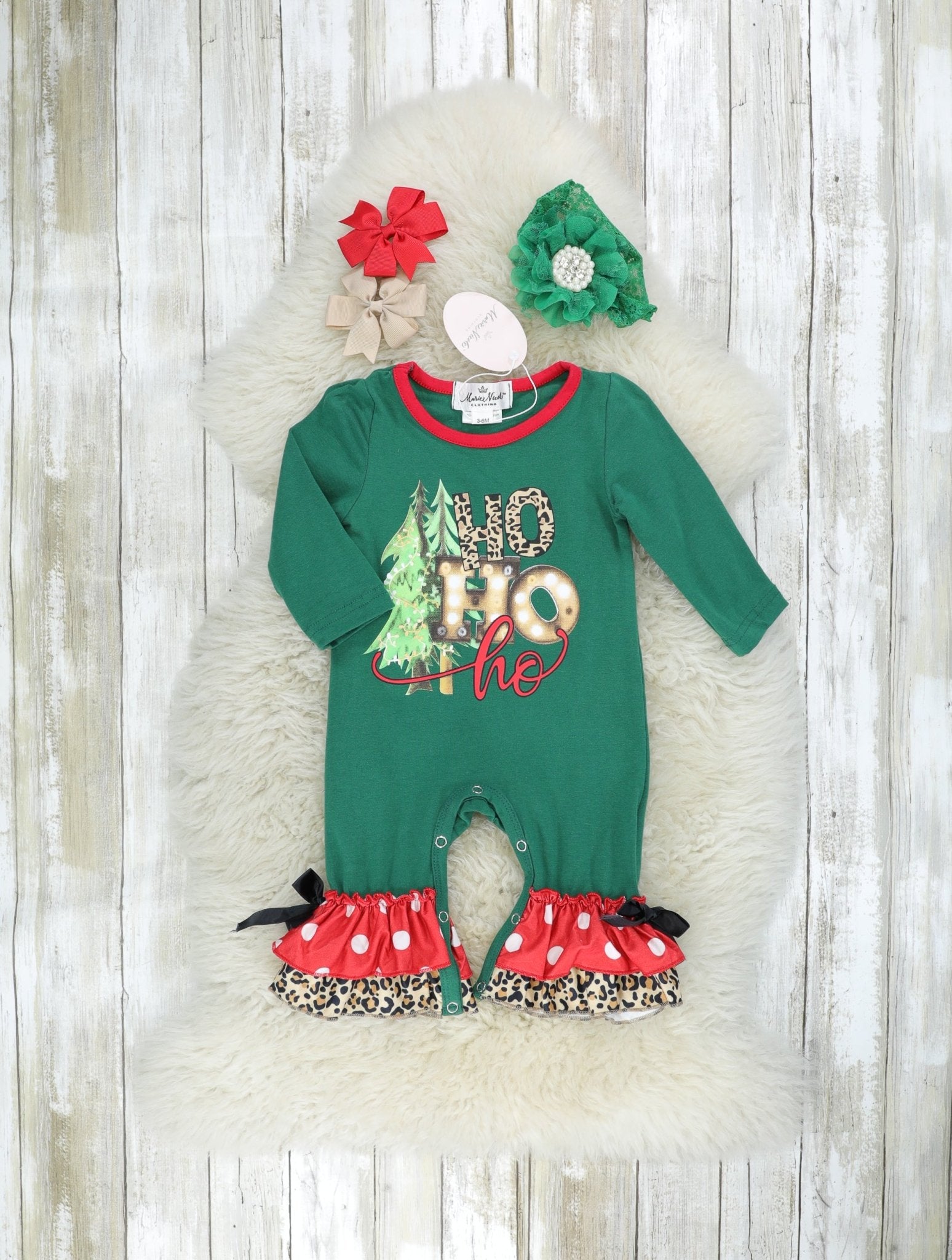 Green "HO HO HO" Ruffle Romper - Marie Nicole Clothing