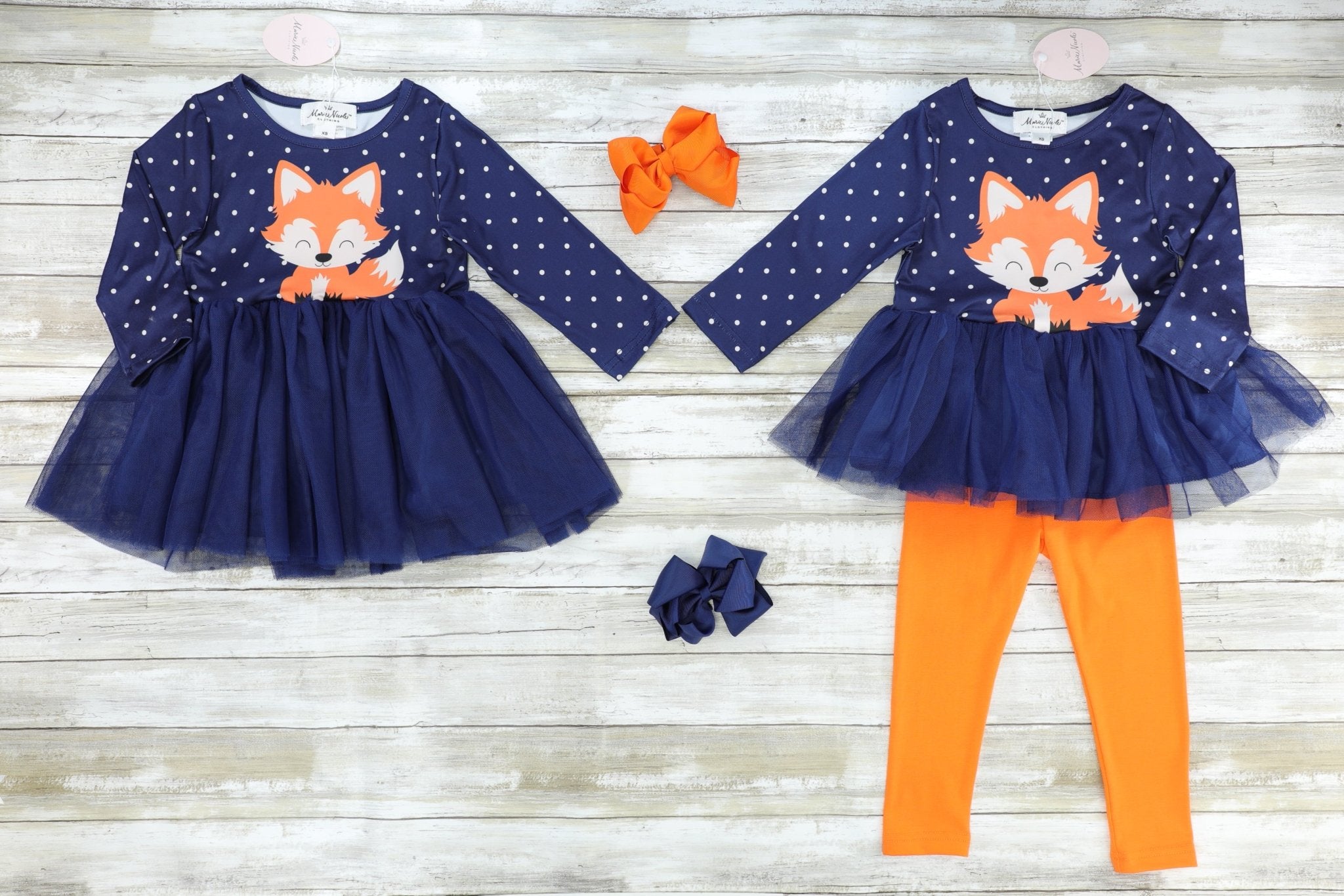 Navy Polka Dot Fox Tulle Top & Orange Bottoms Outfit - Marie Nicole Clothing