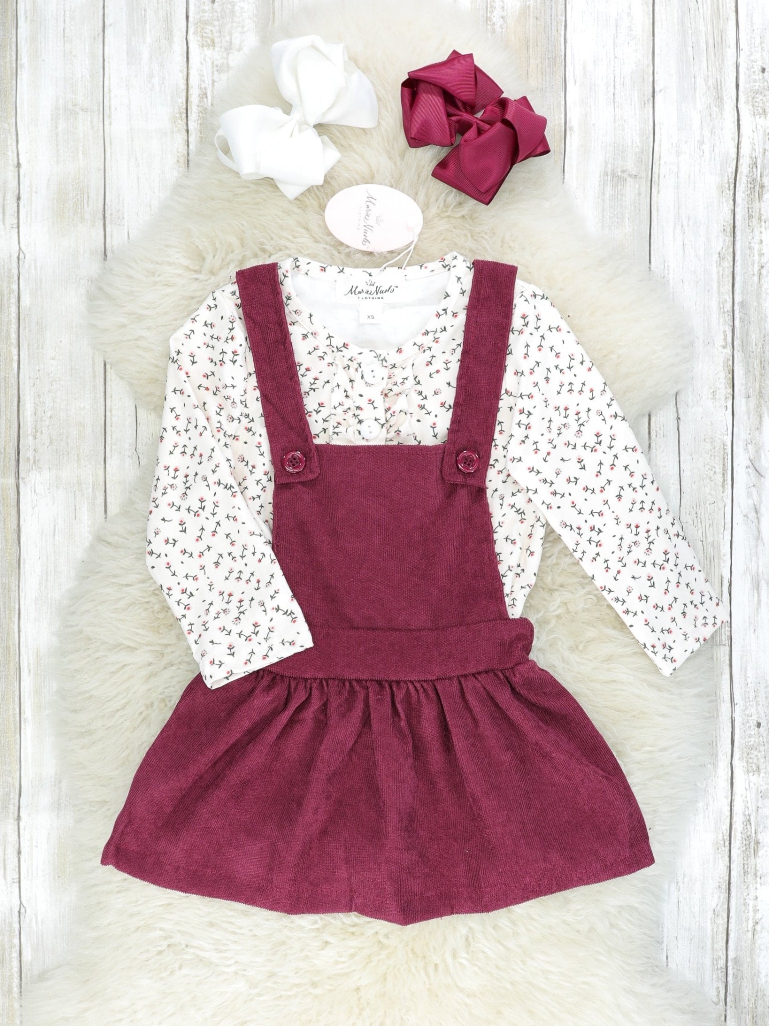 Ditsy Floral Button Top & Mulberry Overall Dress Outfit - Marie Nicole Clothing