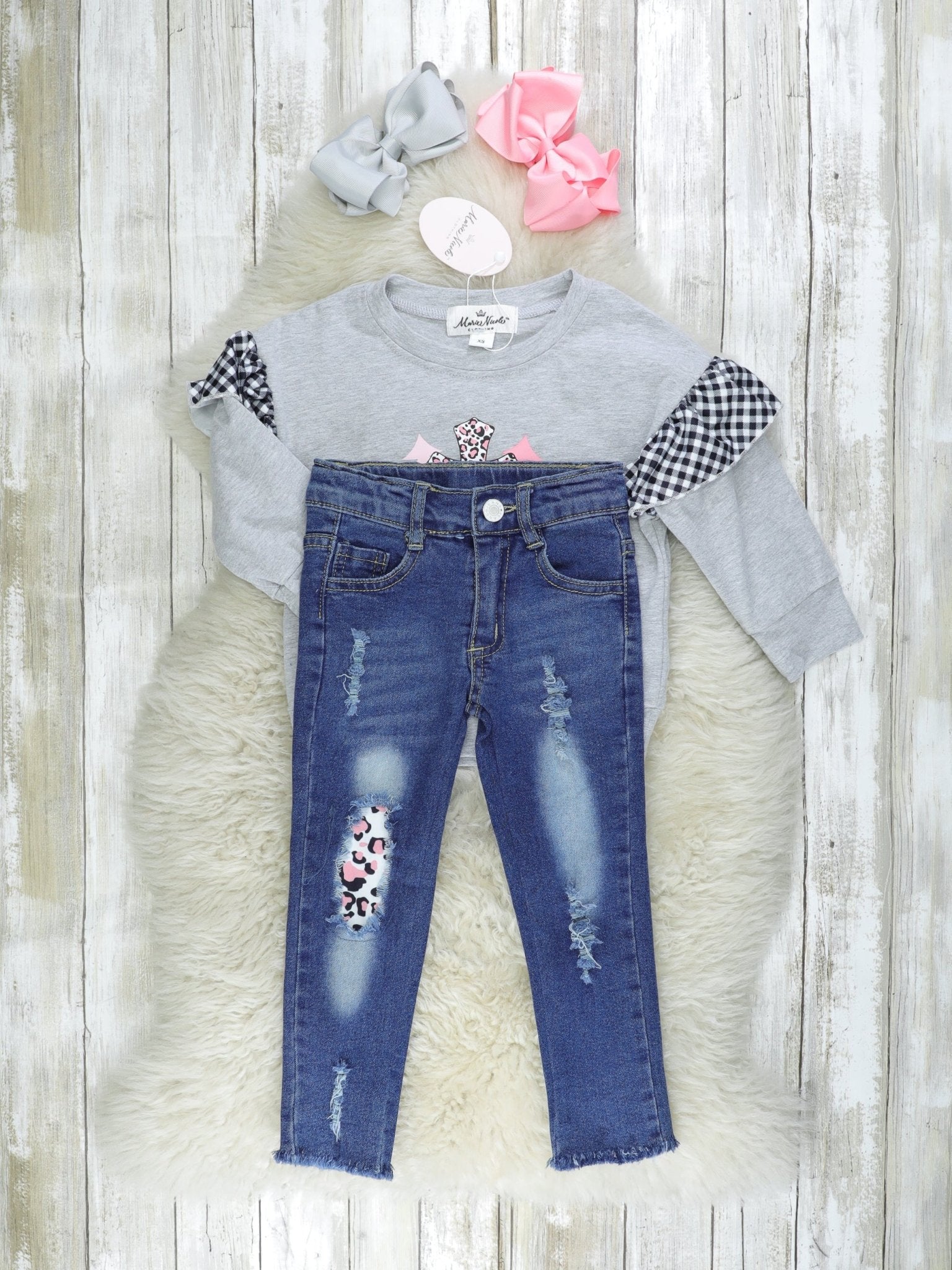 "Christmas Begins With Christ" Leopard Denim Outfit - Marie Nicole Clothing