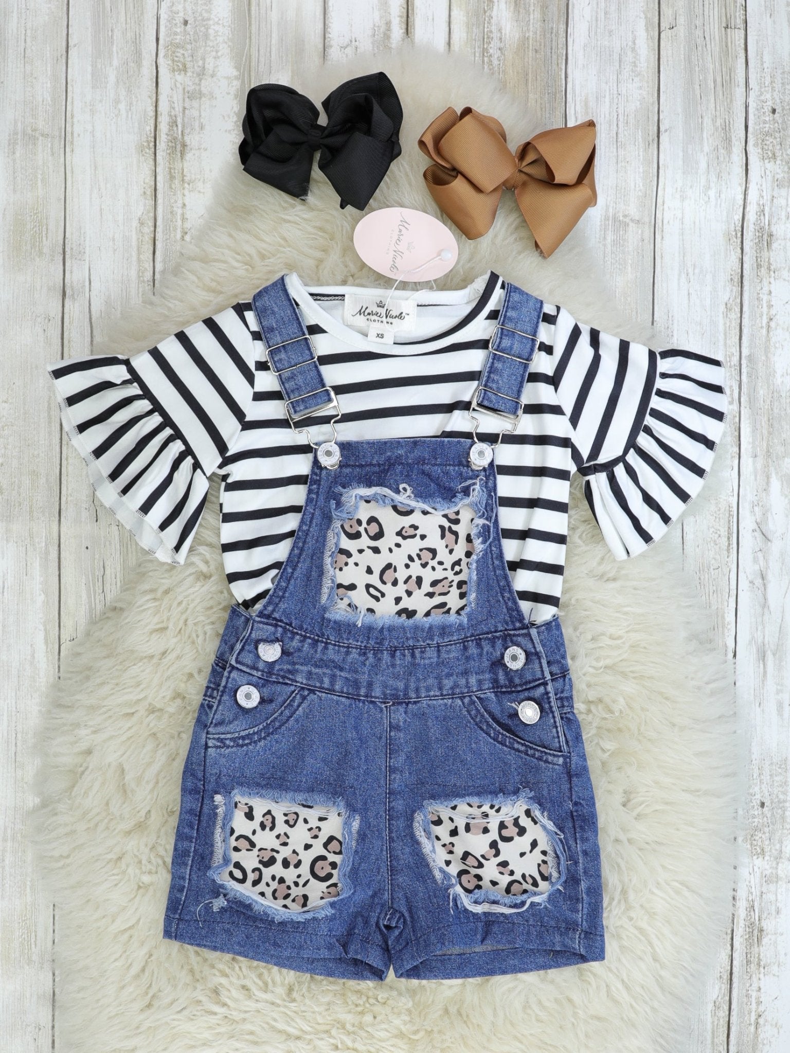 Leopard Print Overalls & Striped Top Set - Marie Nicole Clothing
