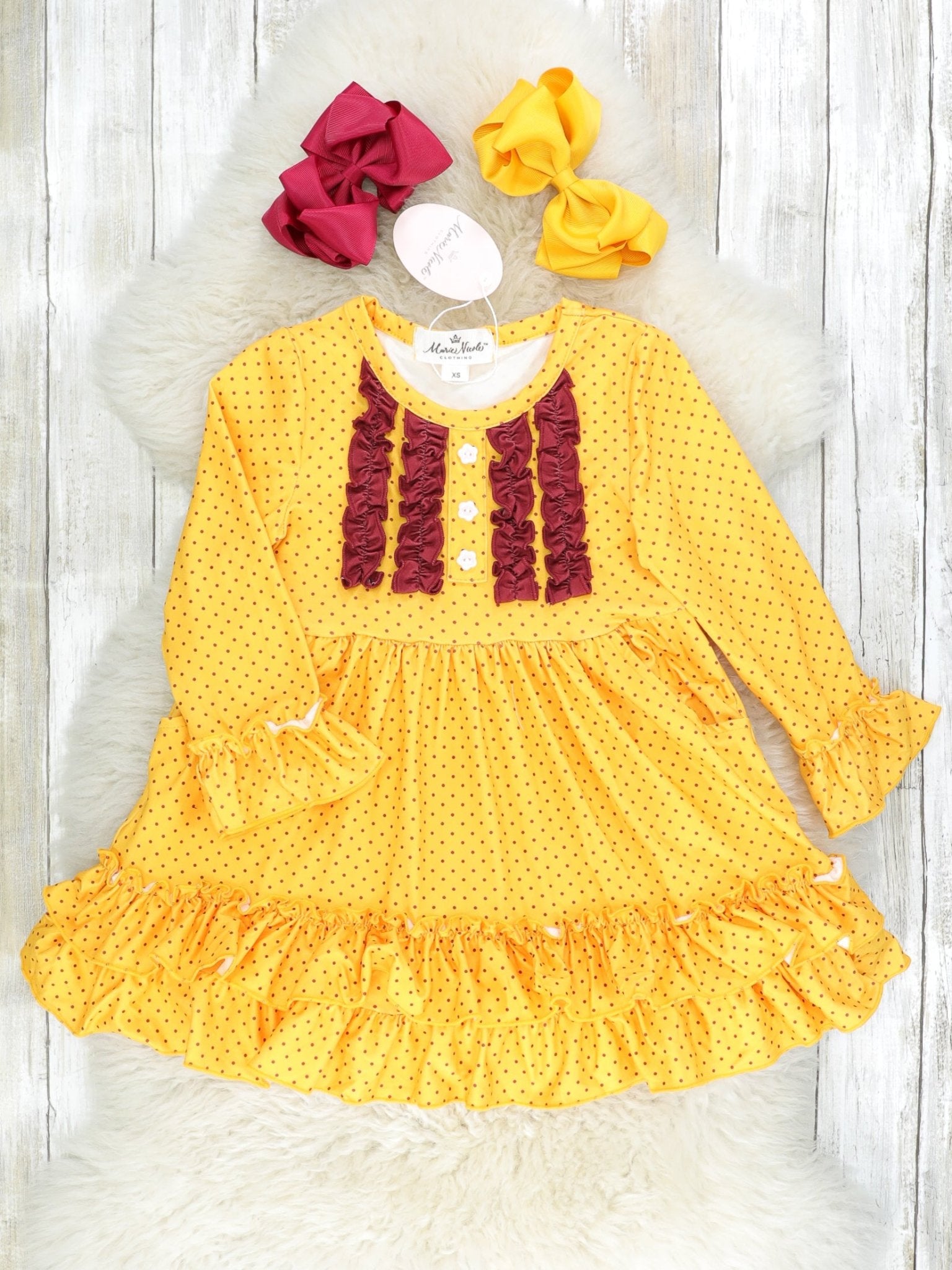 Mustard Polka Dot Ruffle Dress - Marie Nicole Clothing