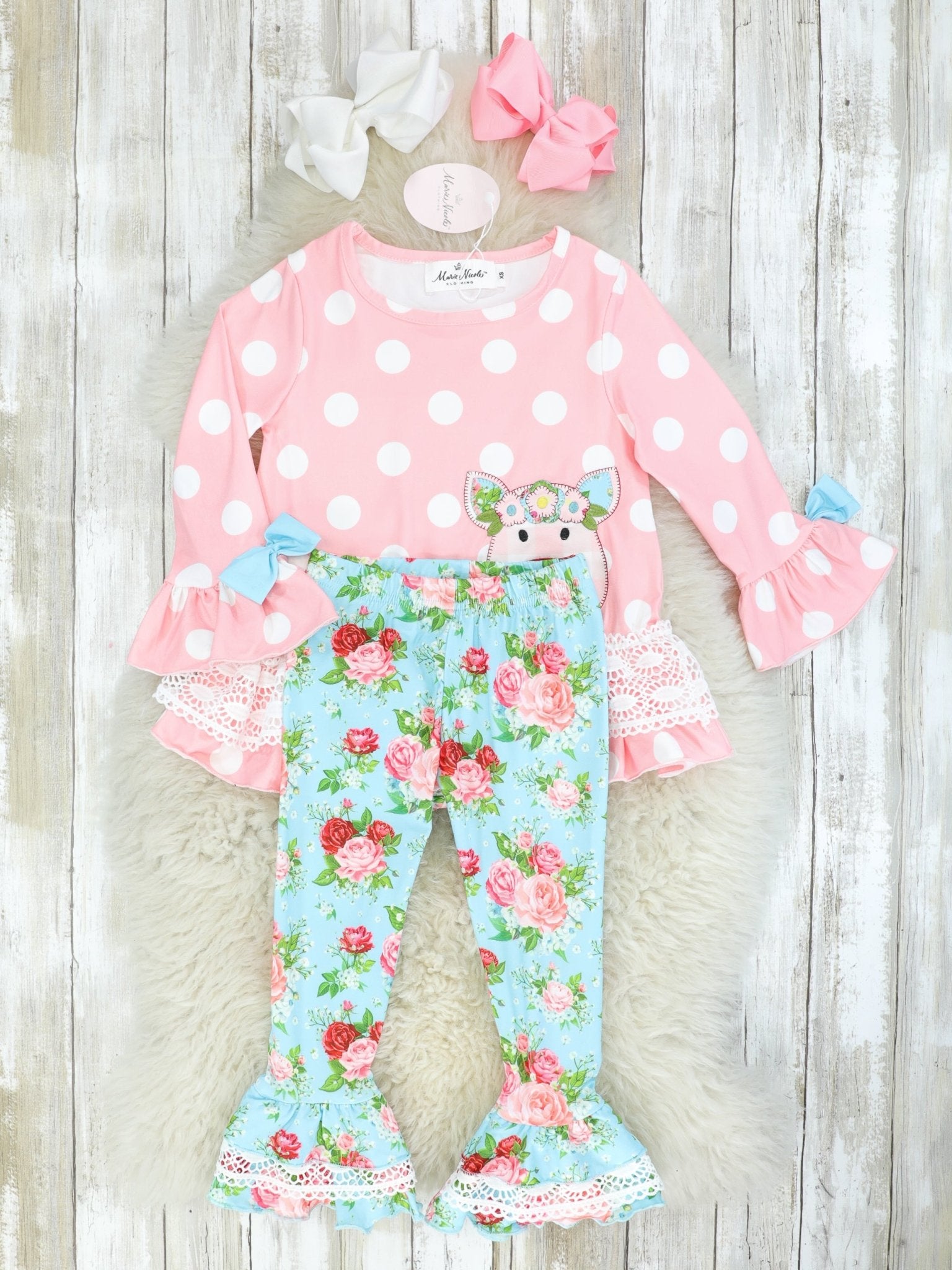Pink Polka Dot & Floral Piggy Ruffle Outfit - Marie Nicole Clothing