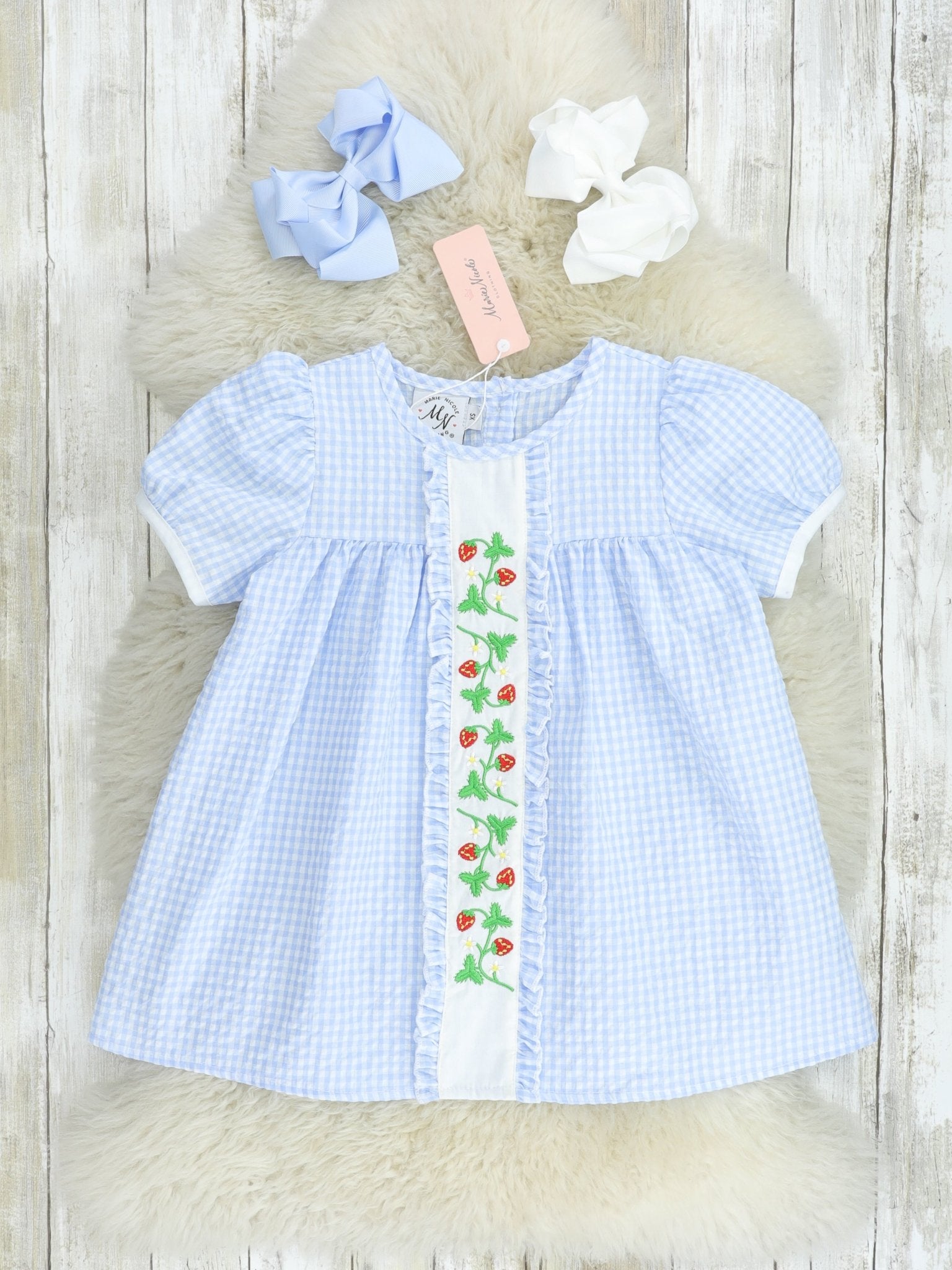 Light Blue Gingham Strawberry Dress - Marie Nicole Clothing