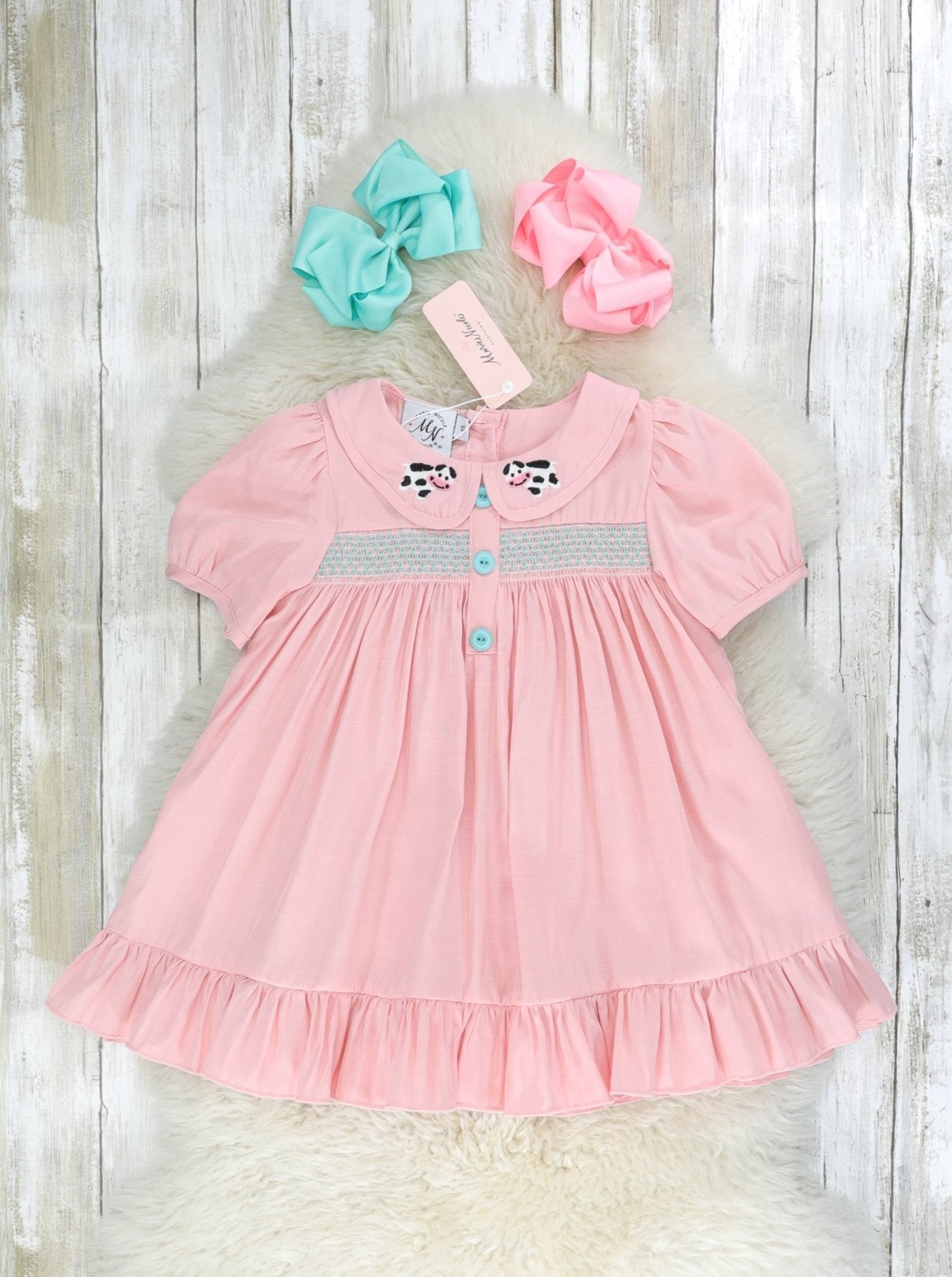 Pink Smocked Vintage Cow Ruffle Dress - Marie Nicole Clothing