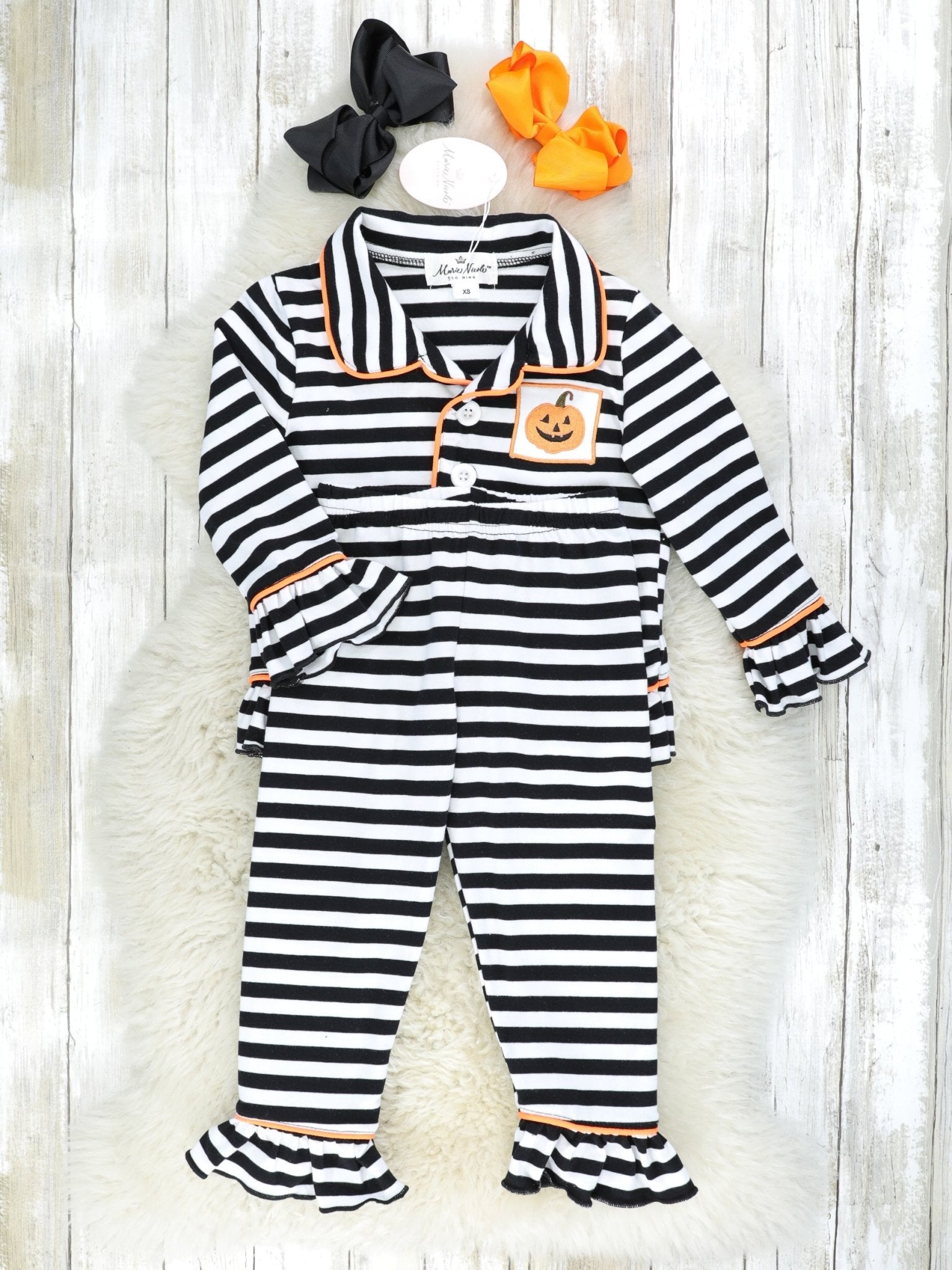 Striped Jack O Lantern Ruffle Pajamas - Marie Nicole Clothing