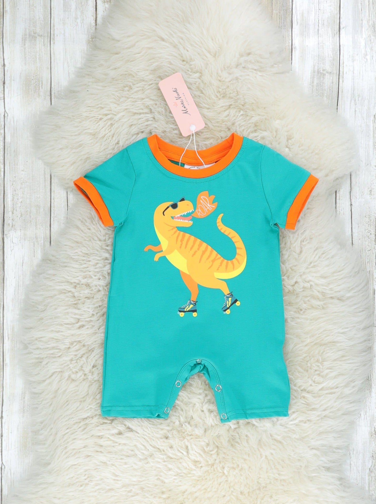Teal Roller Skate Dino Romper - Marie Nicole Clothing