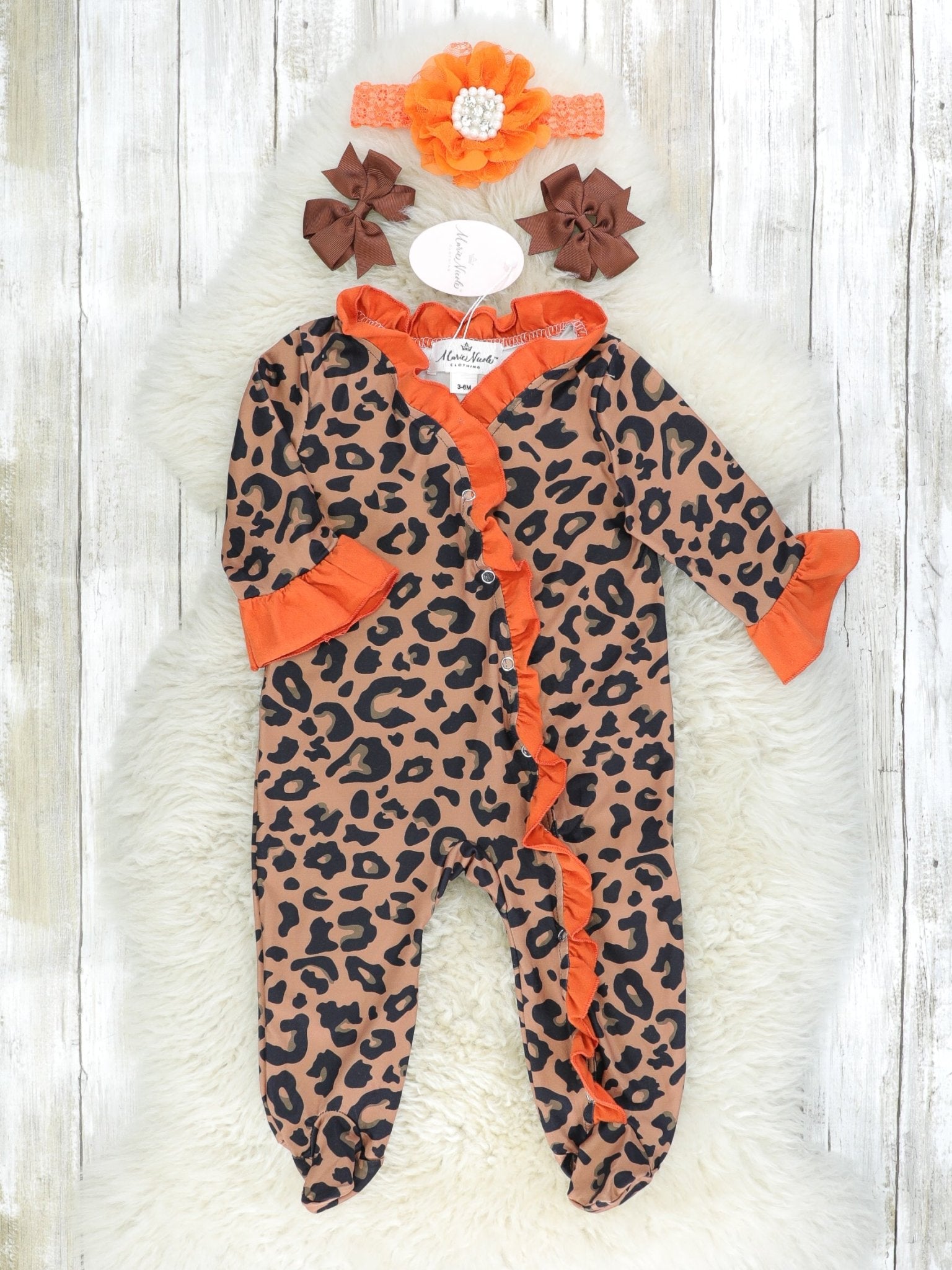 Orange & Leopard Print Ruffle Footie Romper - Marie Nicole Clothing