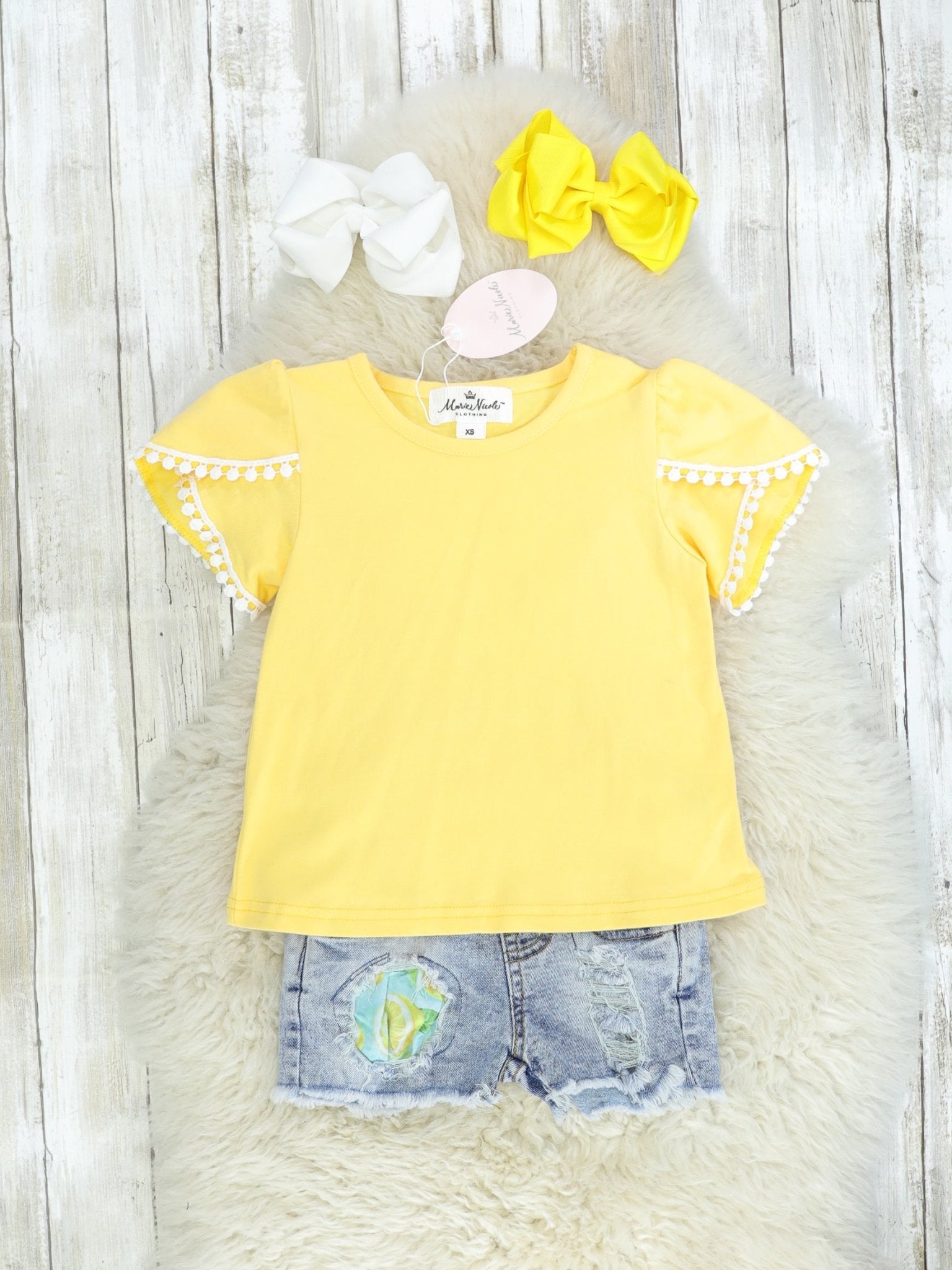 Lemon Distressed Denim Overalls Set - Marie Nicole Clothing