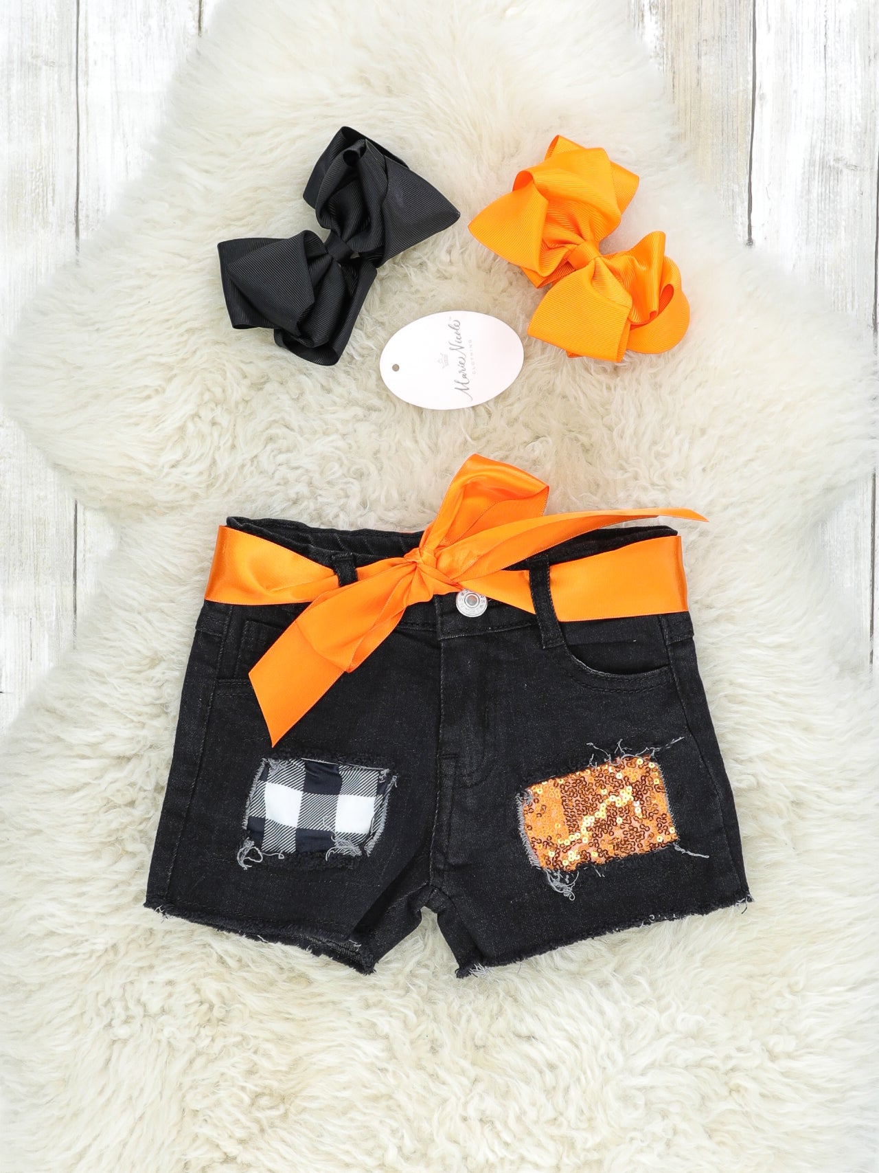 Gingham Pumpkin Top & Distressed Sequin Denim Shorts W/ Leggings - Marie Nicole Clothing