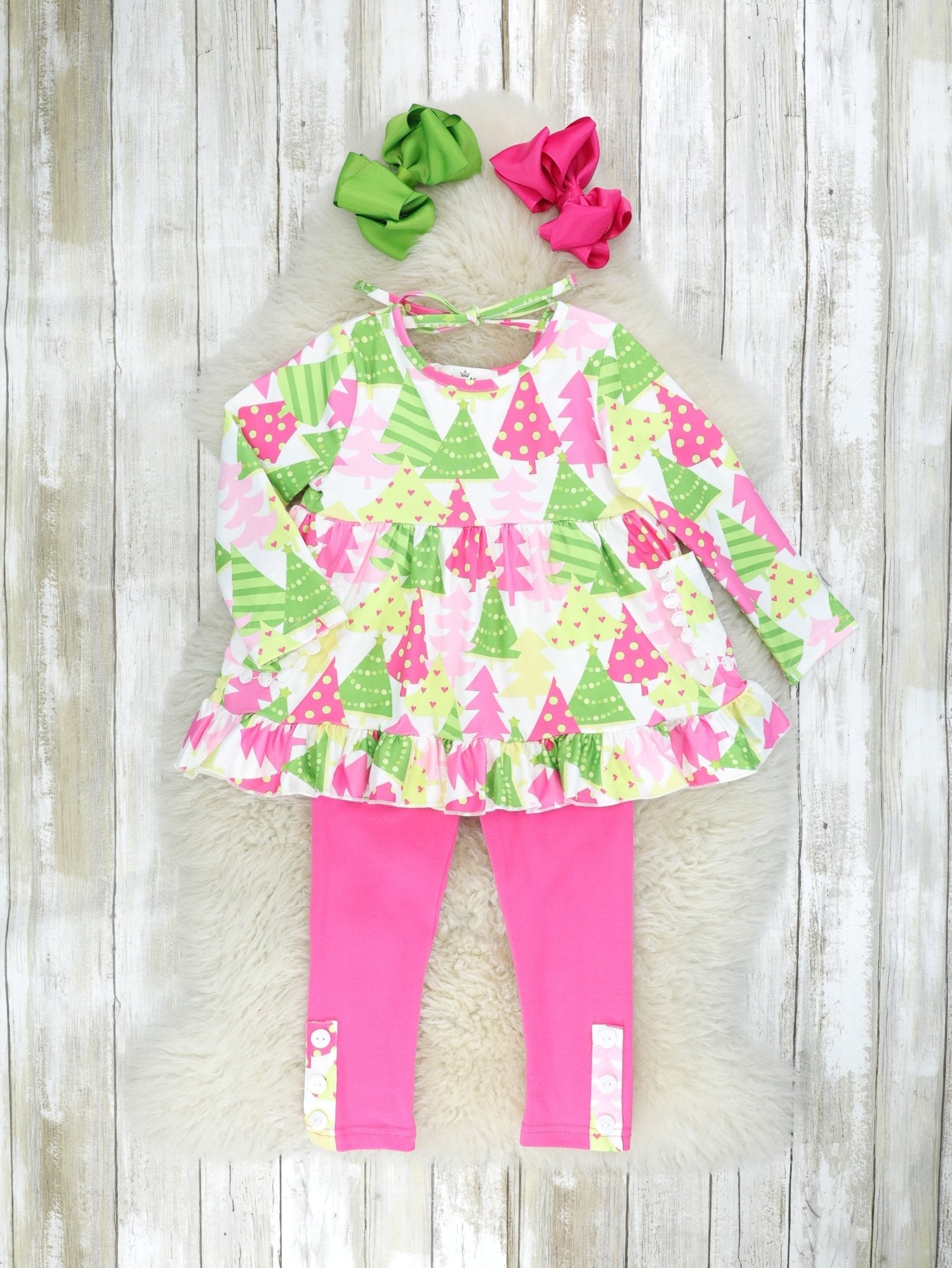 Pink & Green Christmas Tree Ruffle Outfit - Marie Nicole Clothing