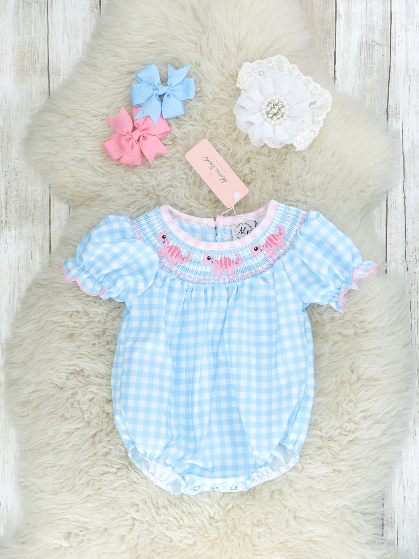 Blue Gingham Smocked Dino Ruffle Bubble Romper - Marie Nicole Clothing