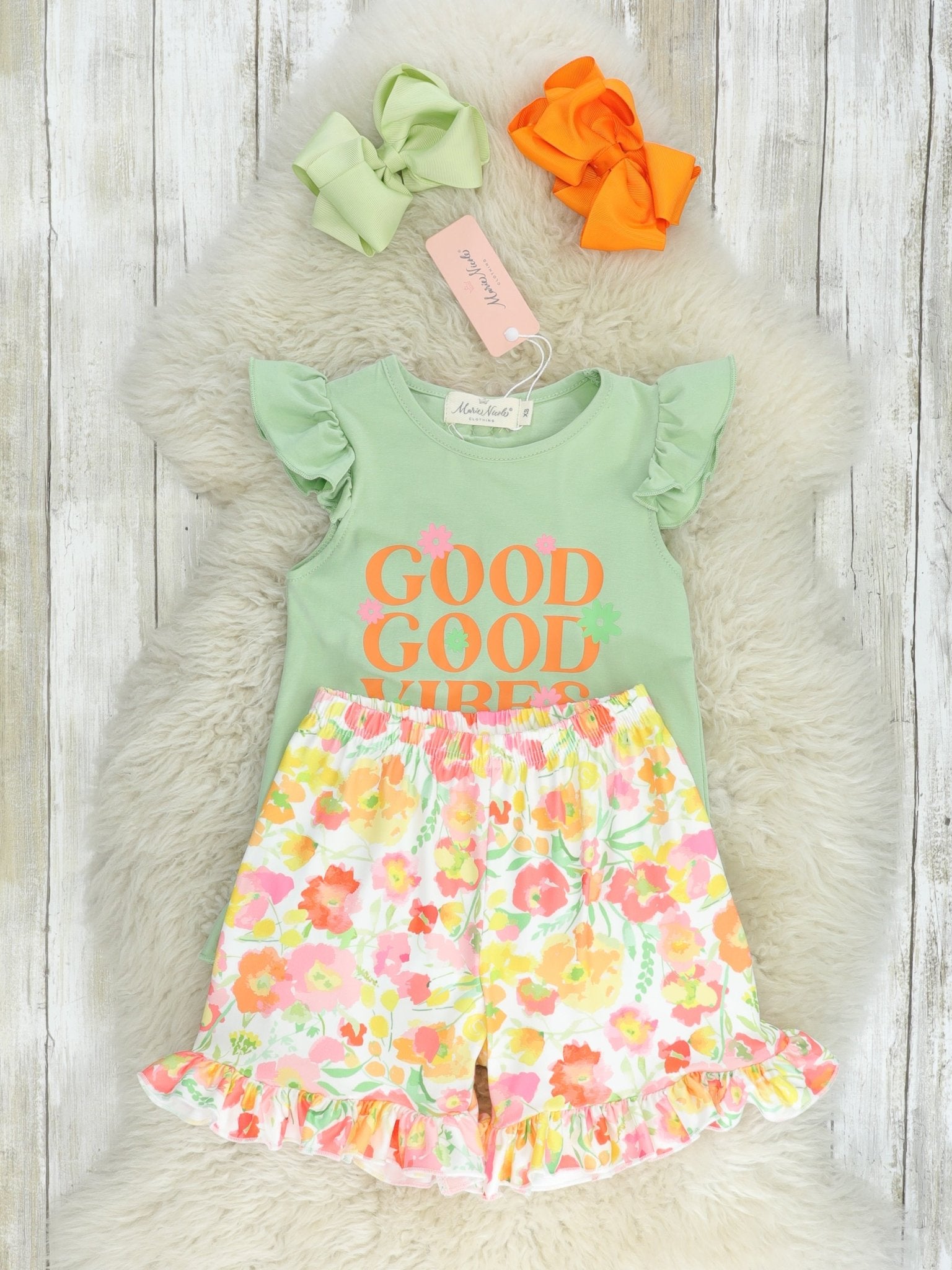 Sage "Good Vibes" Floral Ruffle Outfit - Marie Nicole Clothing