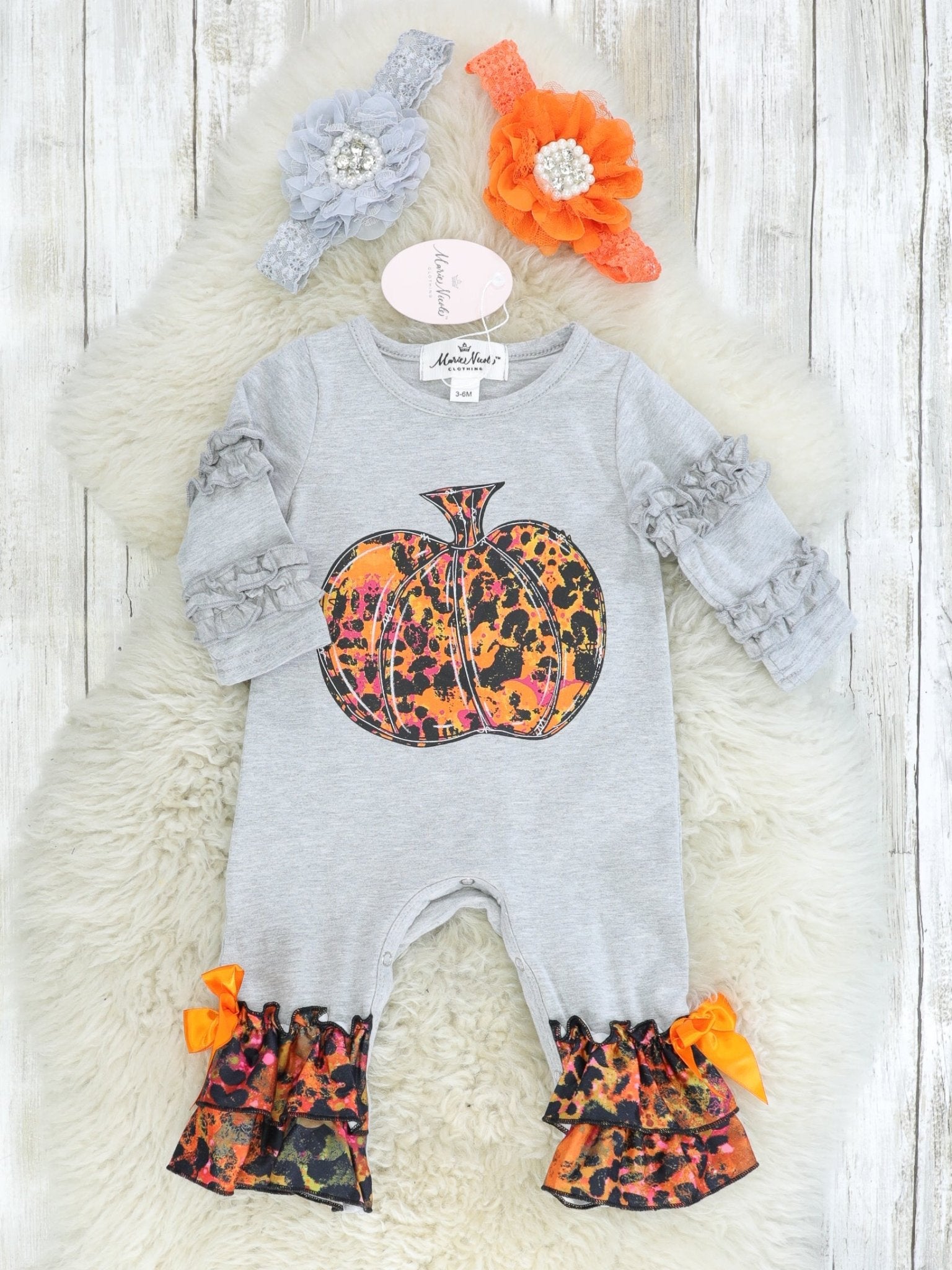 Rusty Leopard Pumpkin Ruffle Romper - Marie Nicole Clothing