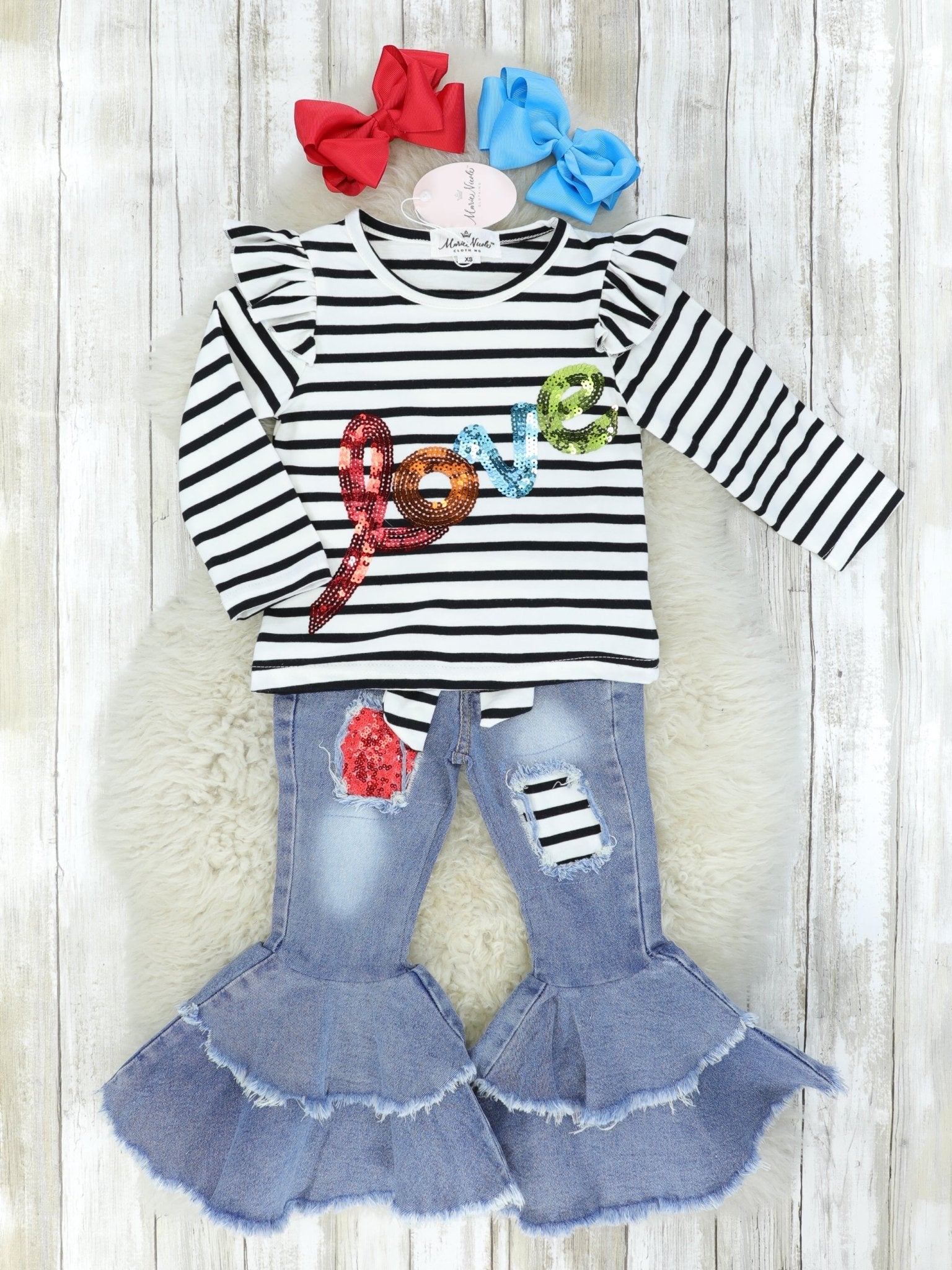 Striped "Love" Sequin Ruffle Top & Denim Bell Bottoms Outfit - Marie Nicole Clothing