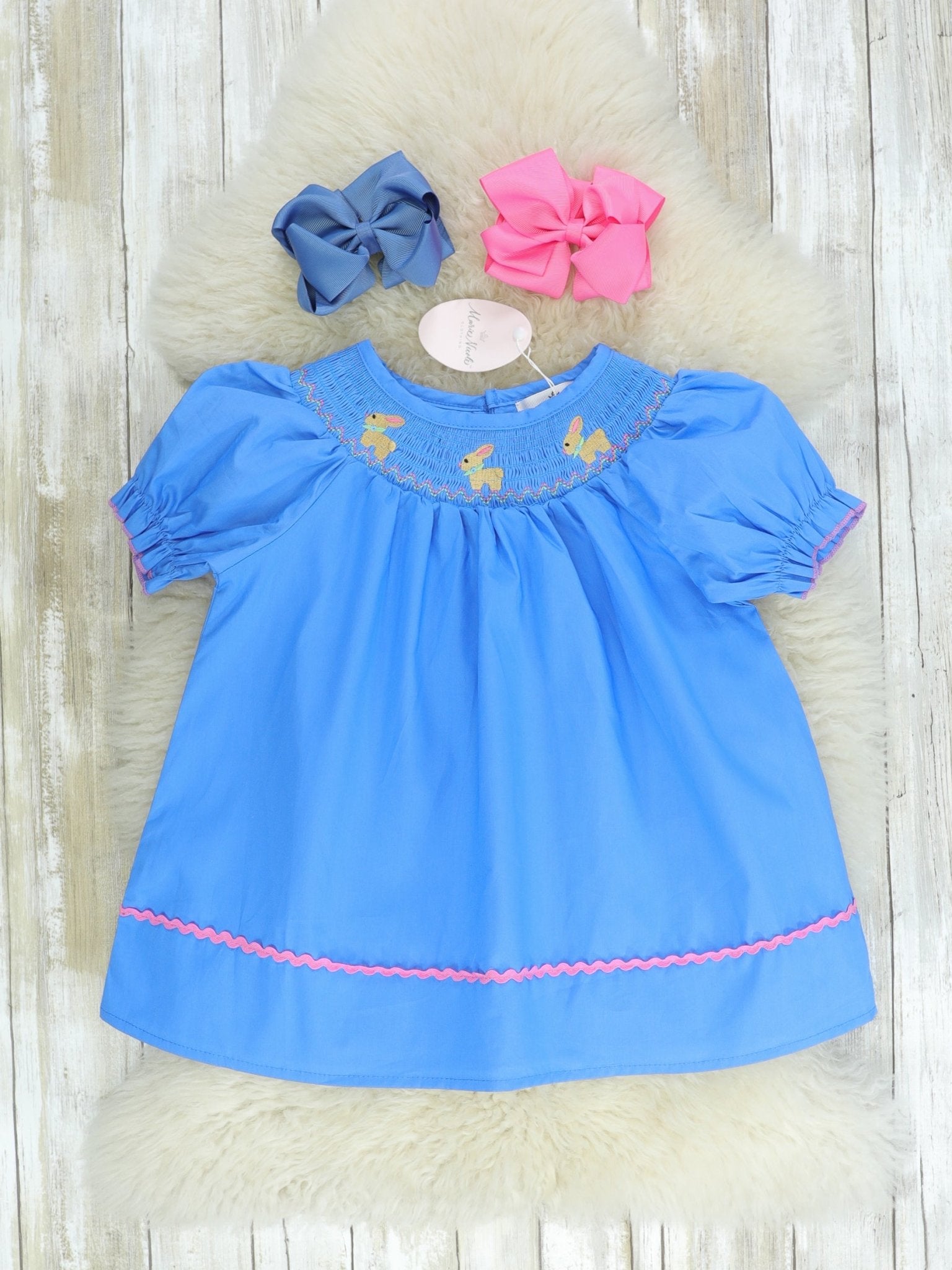Blue Smocked Bunny Dress - Marie Nicole Clothing