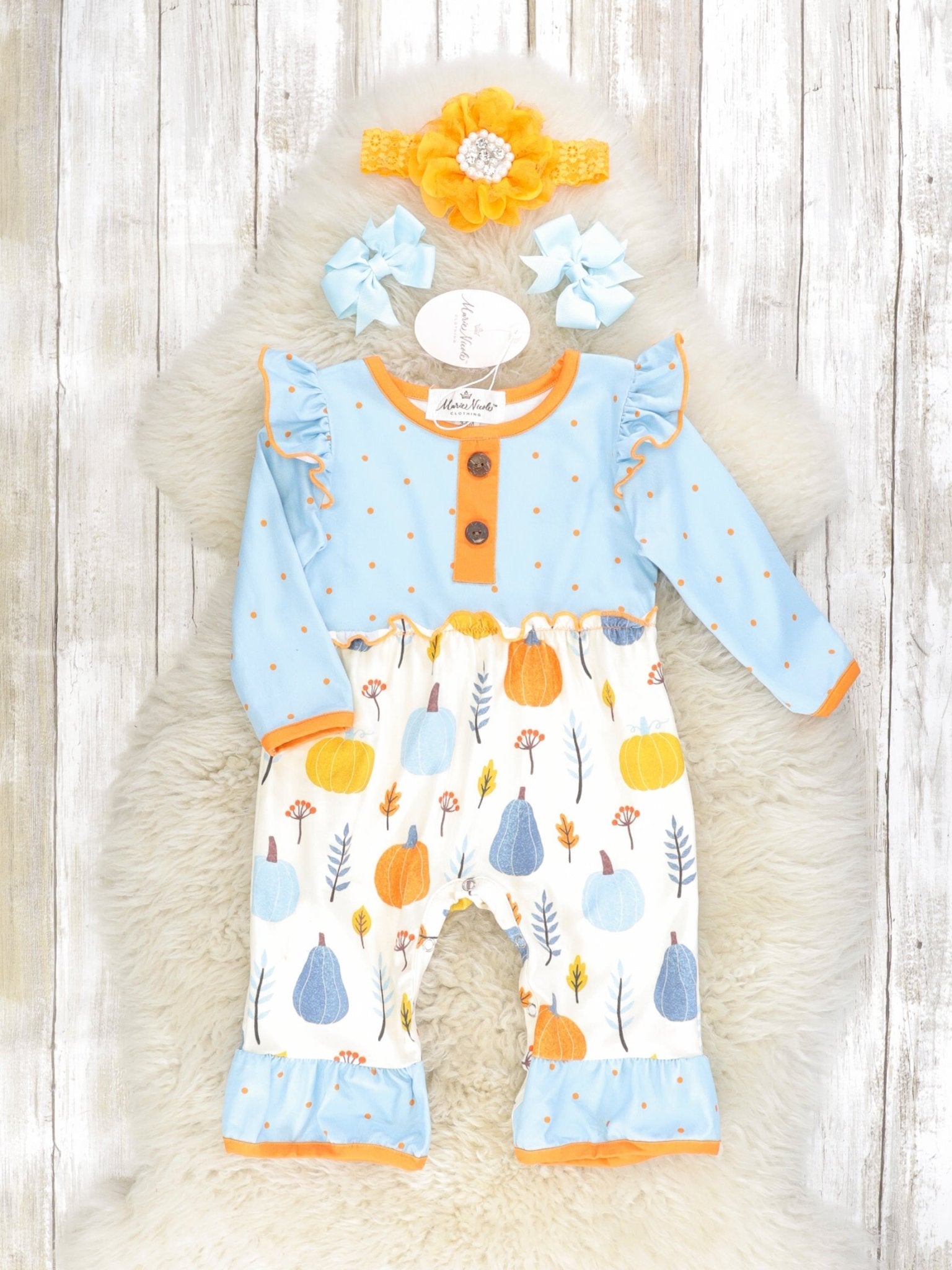 Blue & Orange Polka Dot Pumpkin Ruffle Romper - Marie Nicole Clothing