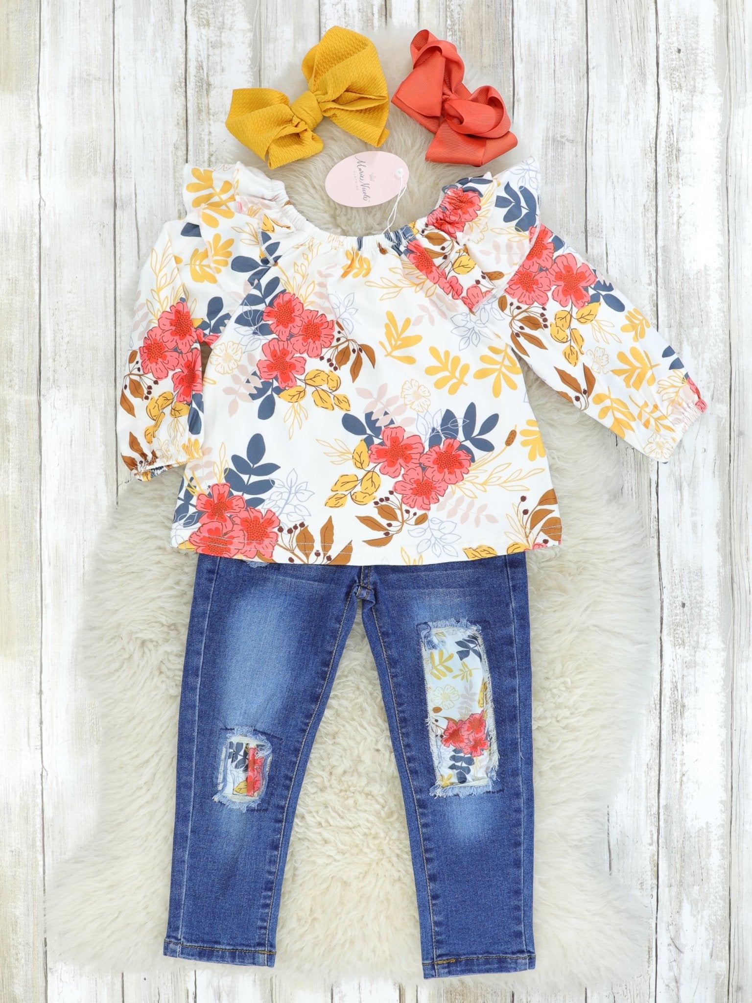 Fall Floral Ruffle Top & Distressed Denim Outfit - Marie Nicole Clothing