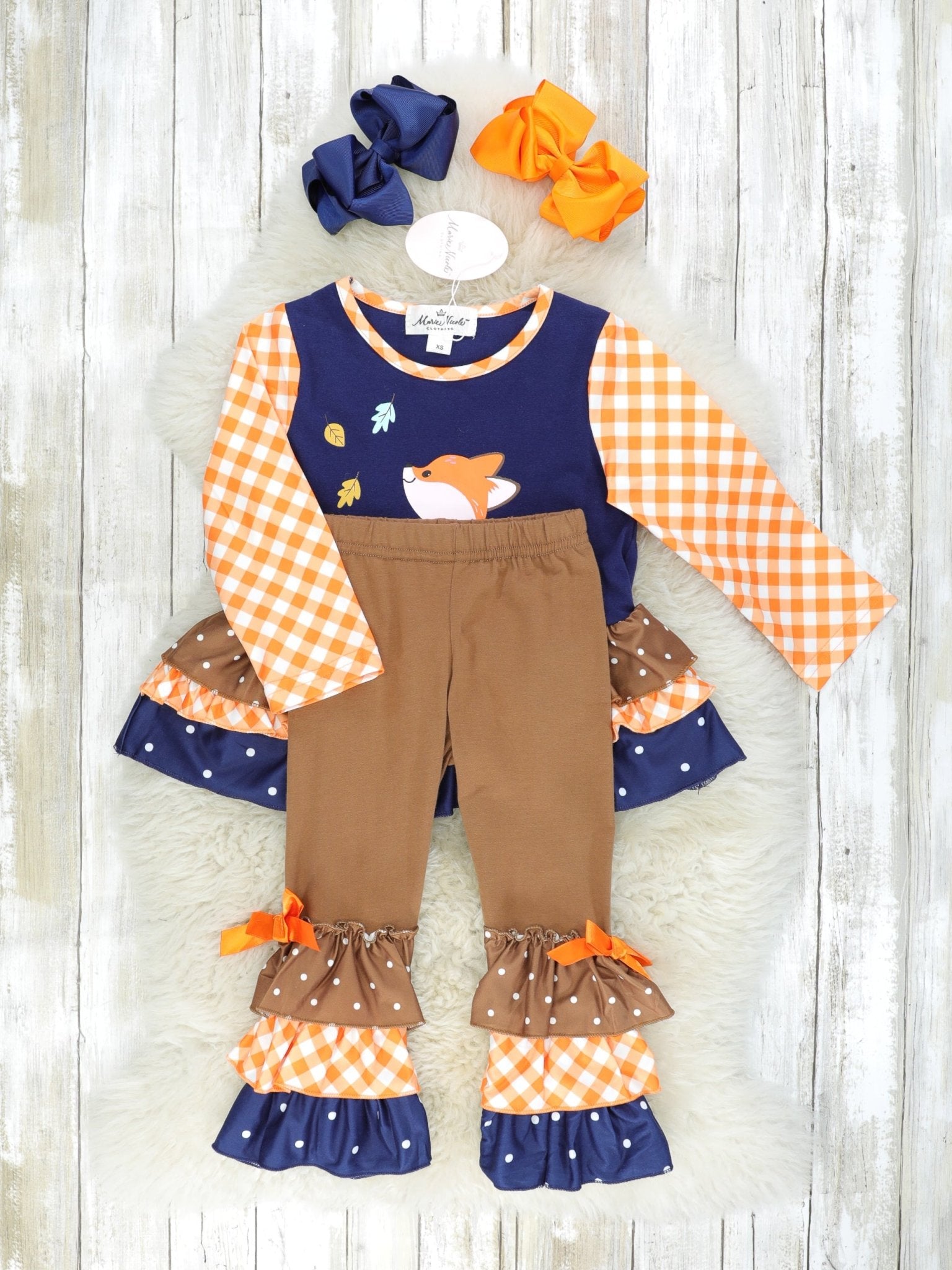 Orange Gingham & Navy Fox Ruffle Top & Brown Ruffle Bottoms Outfit - Marie Nicole Clothing