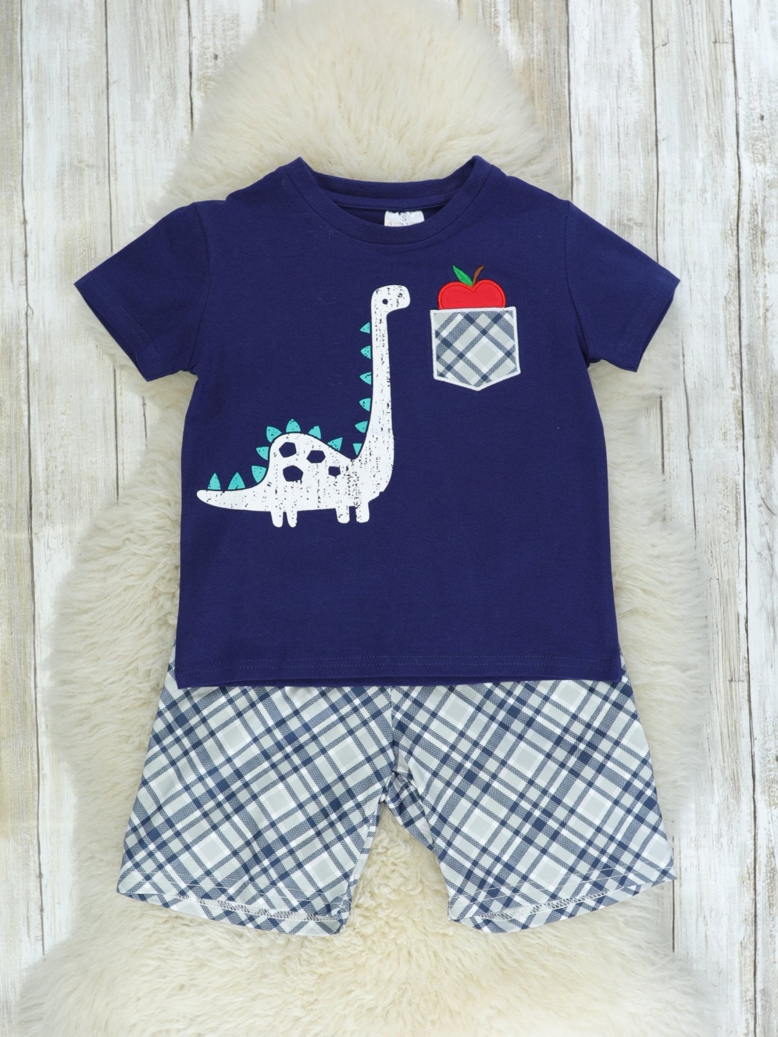 Navy Dino Apple Plaid Outfit - Marie Nicole Clothing