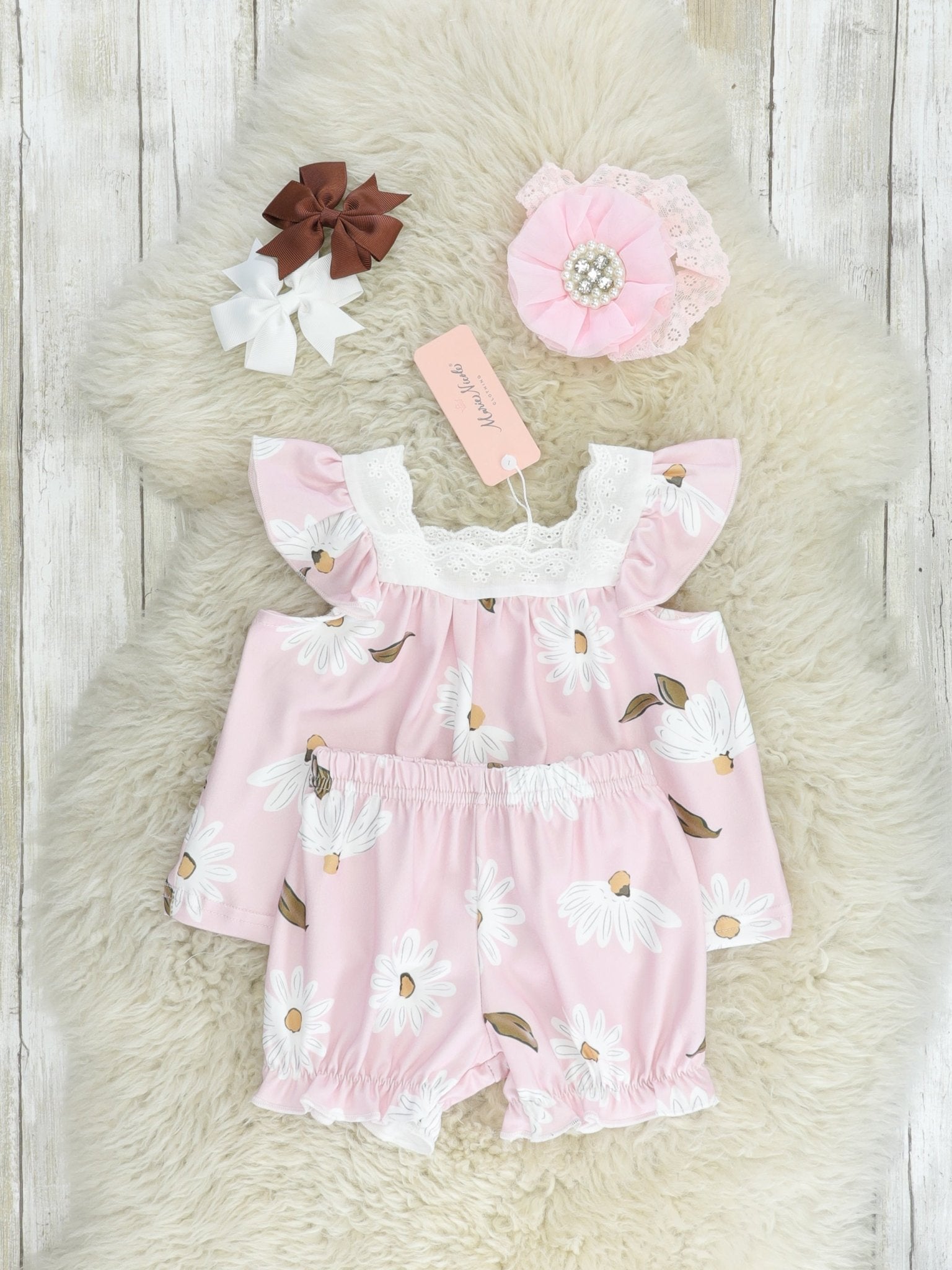 Pink Daisy Lace Ruffle Bloomers Outfit - Marie Nicole Clothing