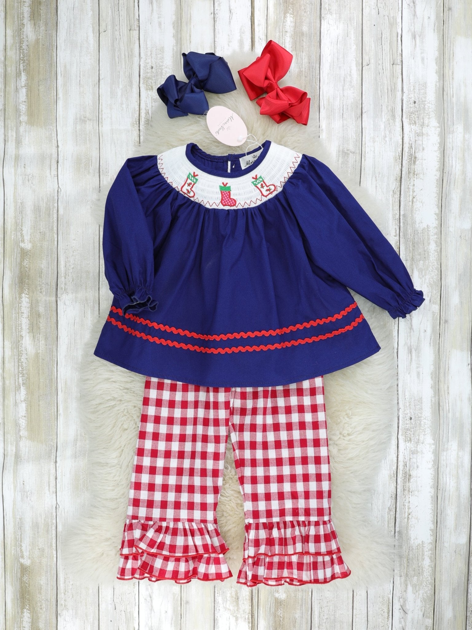 Navy Stocking & Red Gingham Smocked Ruffle Outfit - Marie Nicole Clothing