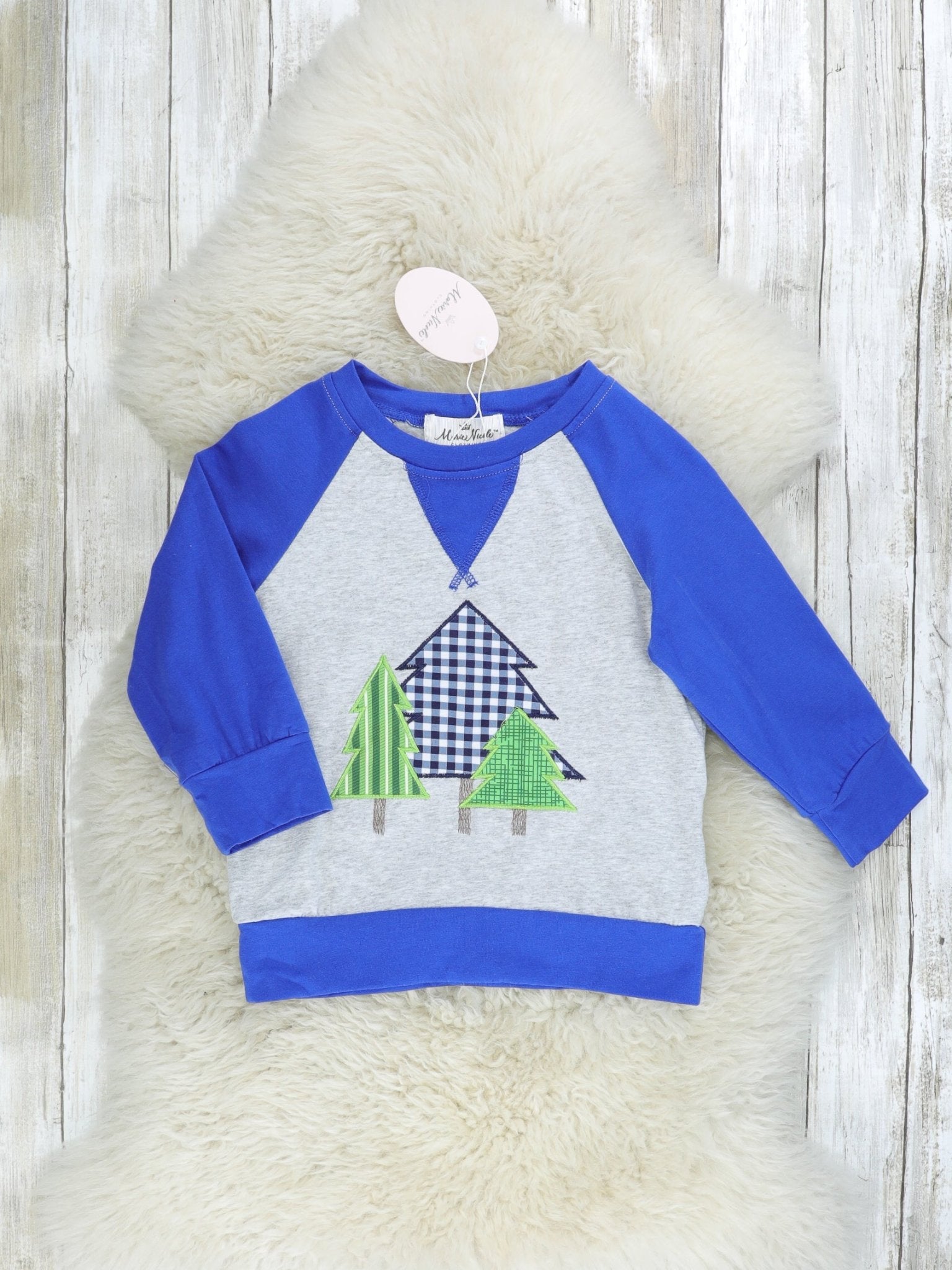 Blue Gingham Christmas Tree Raglan Shirt - Marie Nicole Clothing