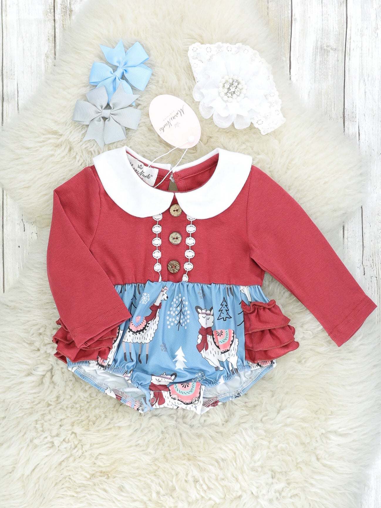 Burgundy Llama Ruffle Bubble Romper - Marie Nicole Clothing