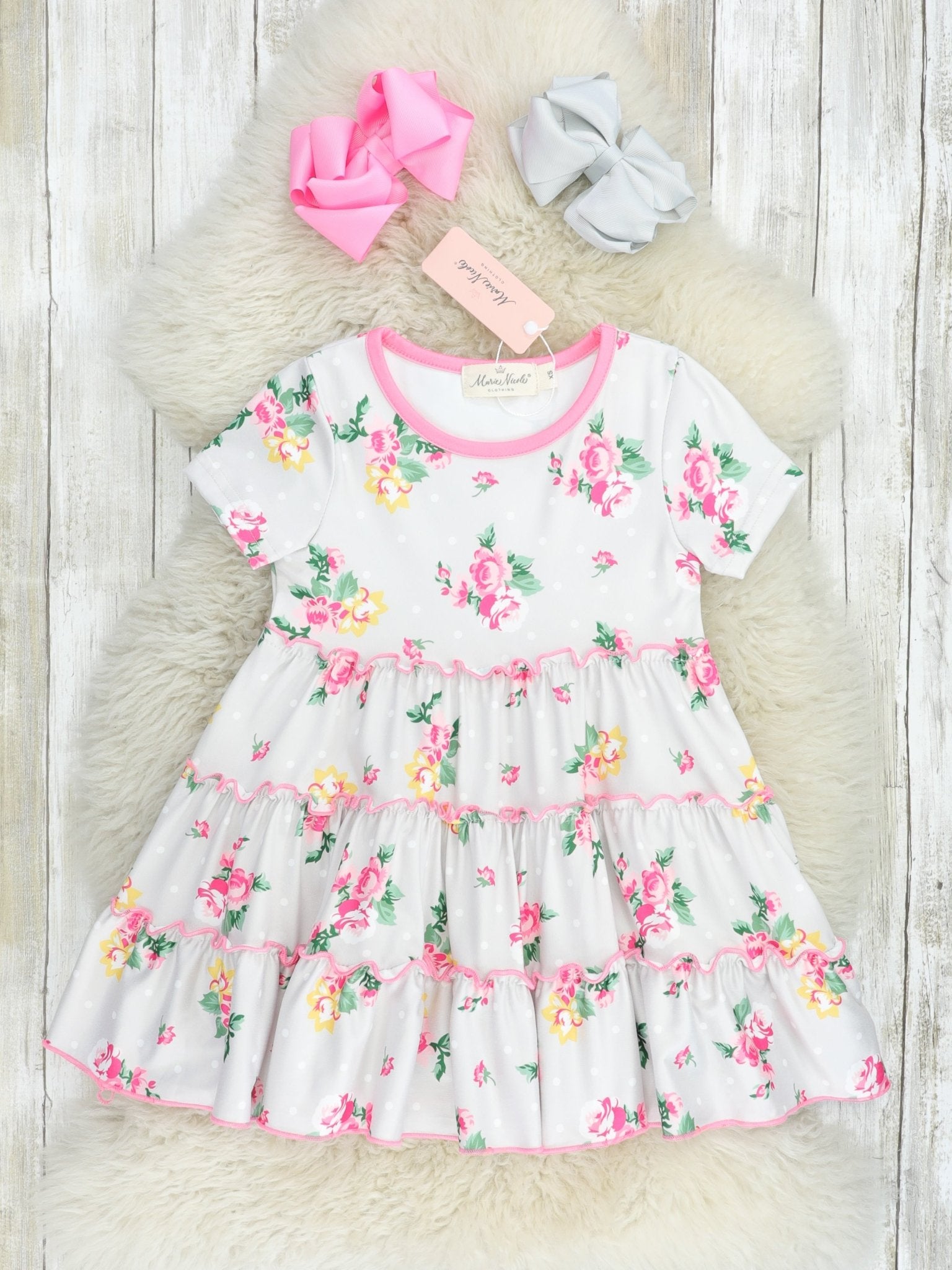 Light Grey Tiered Rose Dress - Marie Nicole Clothing